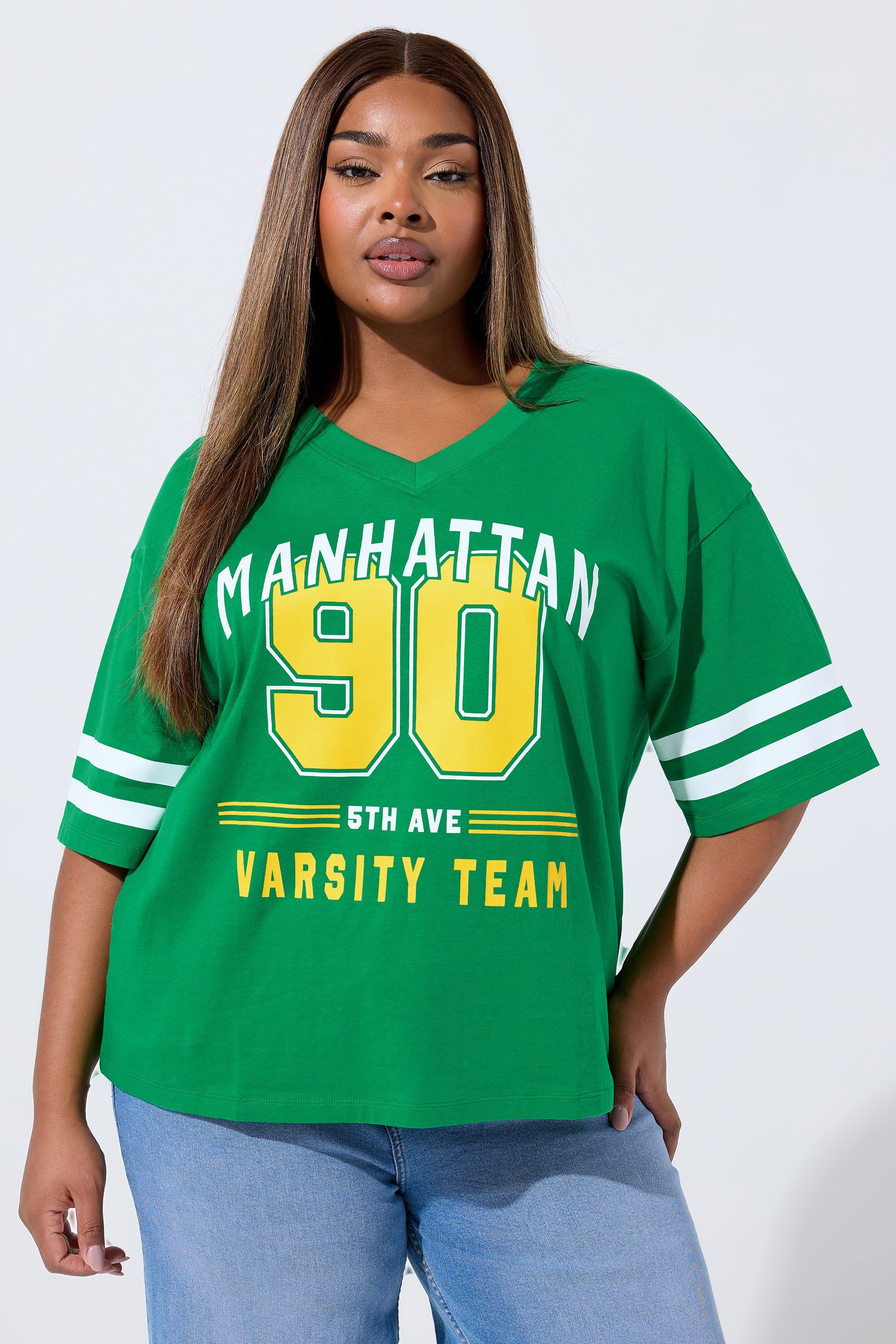 LIMITED COLLECTION Plus Size Green 'Manhattan 90' Varsity Print T-Shirt | Yours Clothing 3
