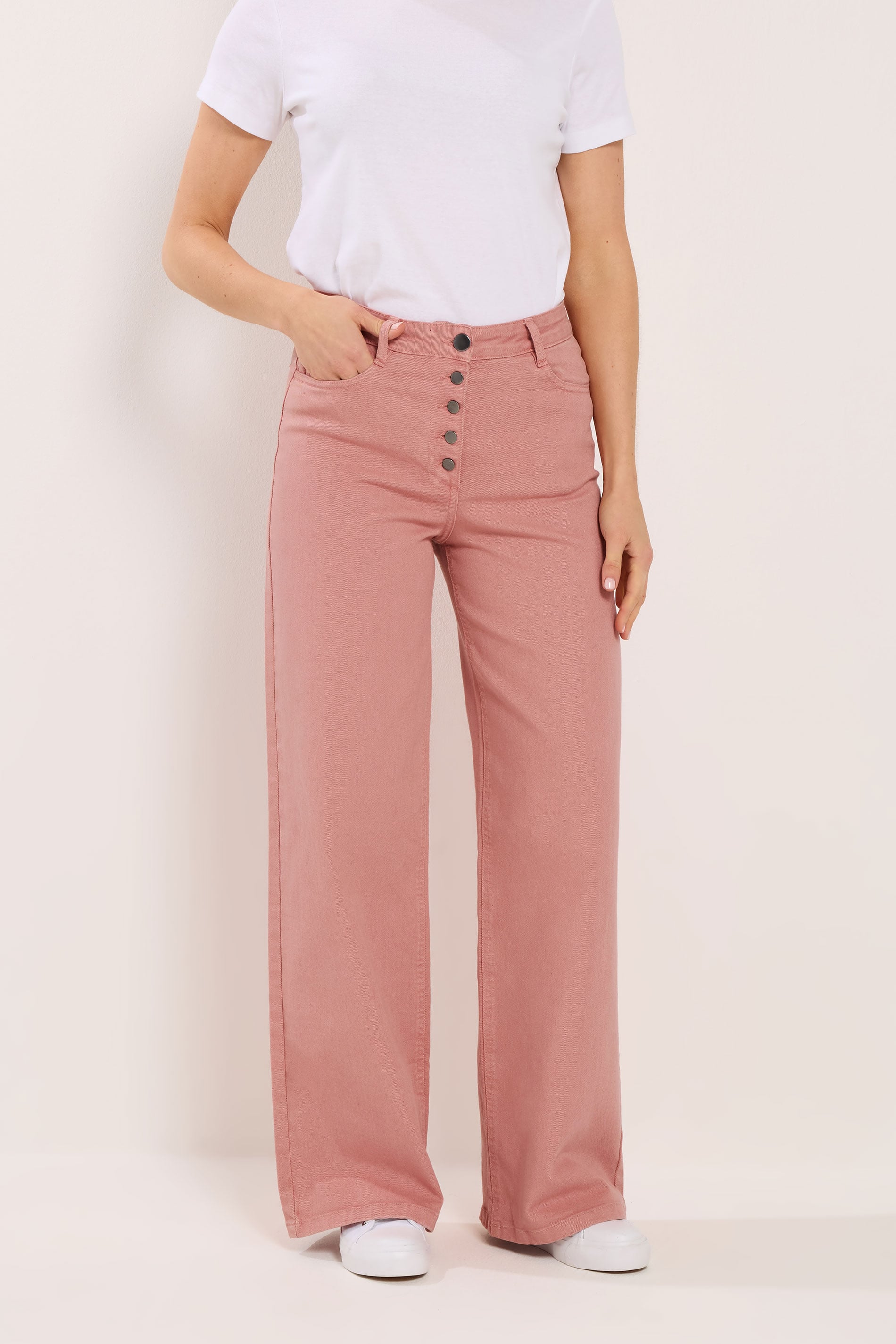 LTS Tall Women's Coral Pink Button Detail Wide Leg Jeans | Long Tall Sally 1