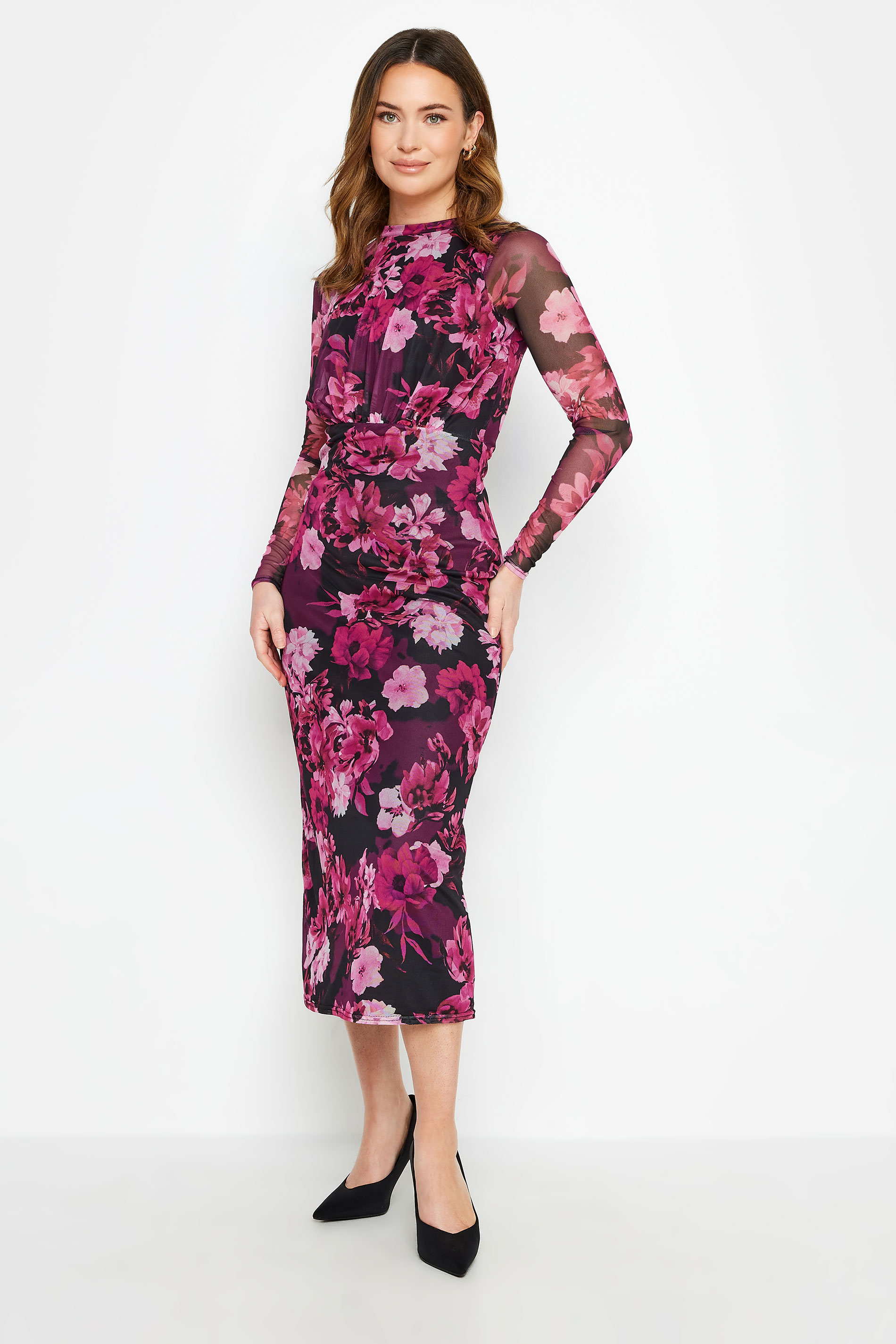 M&Co Petite Pink Floral Mesh Midi Dress | M&Co 1