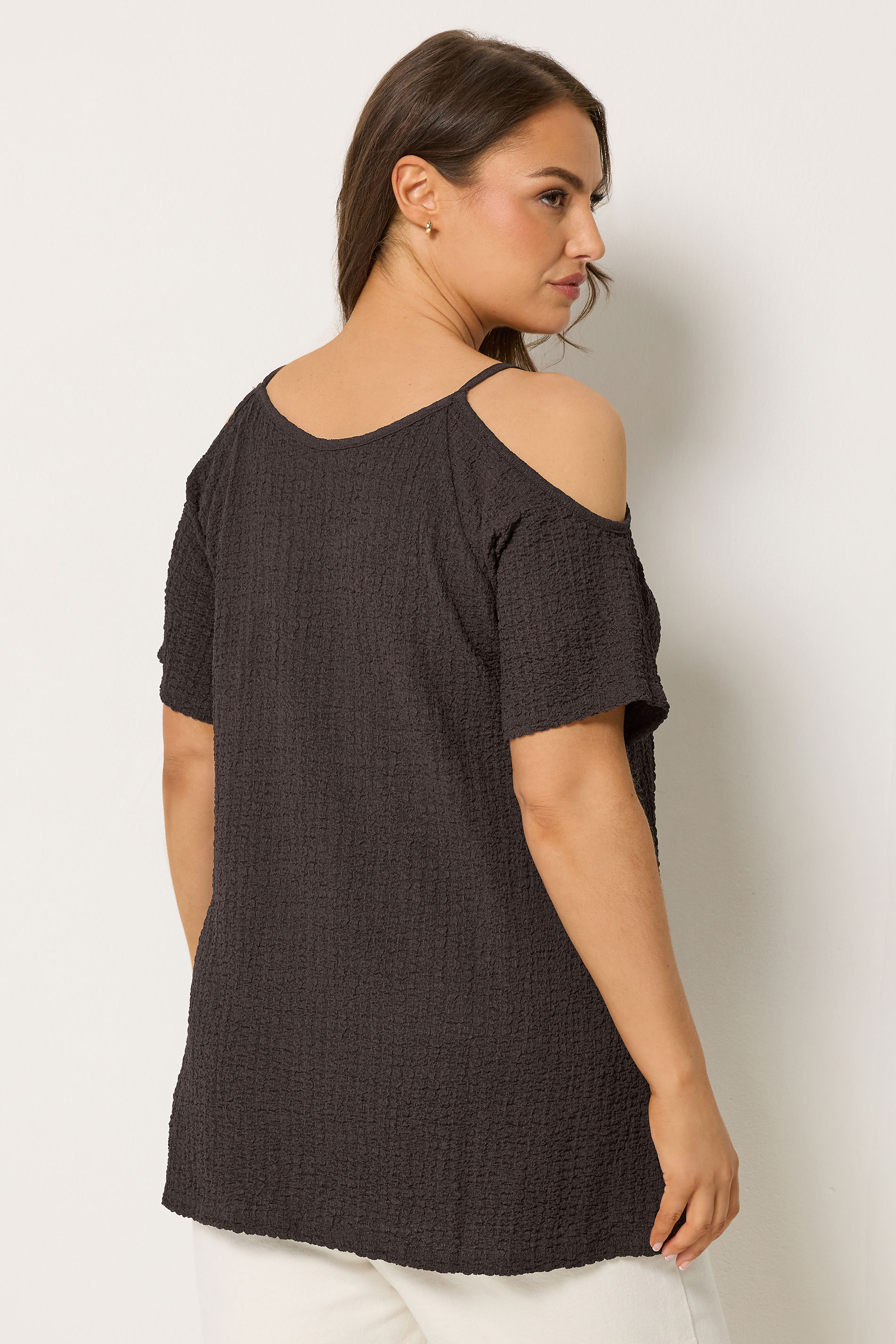 YOURS Plus Size Chocolate Brown Textured Cold Shoulder Top | Yours Clothing 2