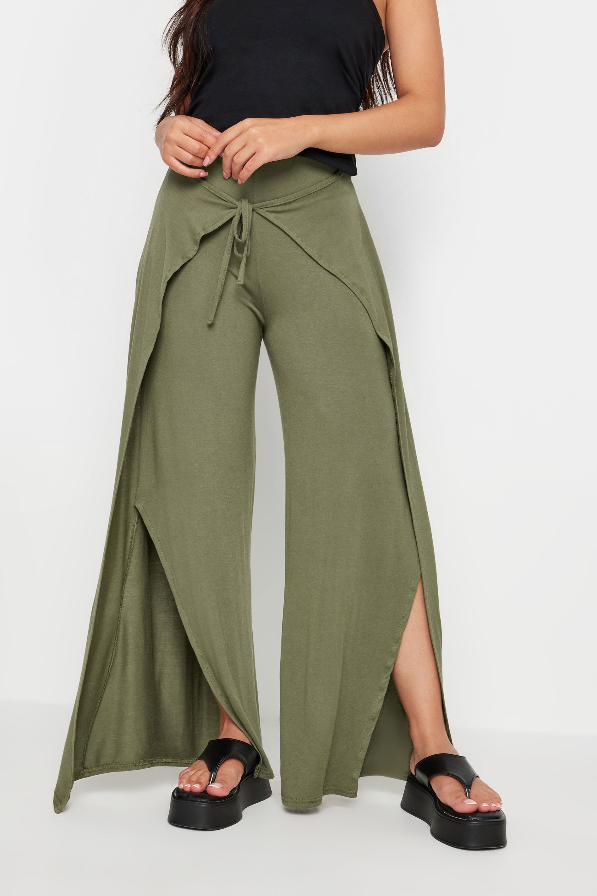 PixieGirl Petite Women's Khaki Green Wide Leg Wrap Trousers | PixieGirl 2