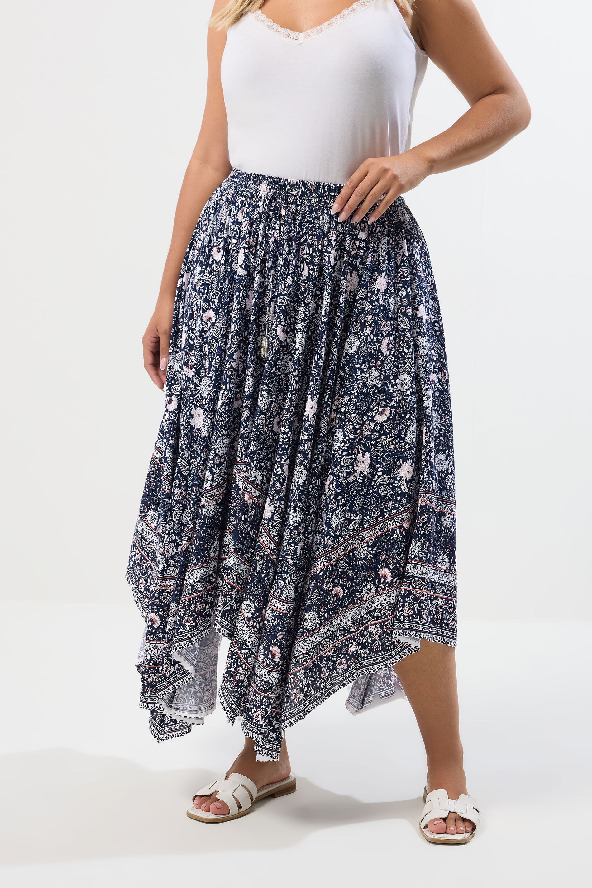YOURS Plus Size Navy Blue Paisley Hanky Hem Skirt | Yours Clothing 3