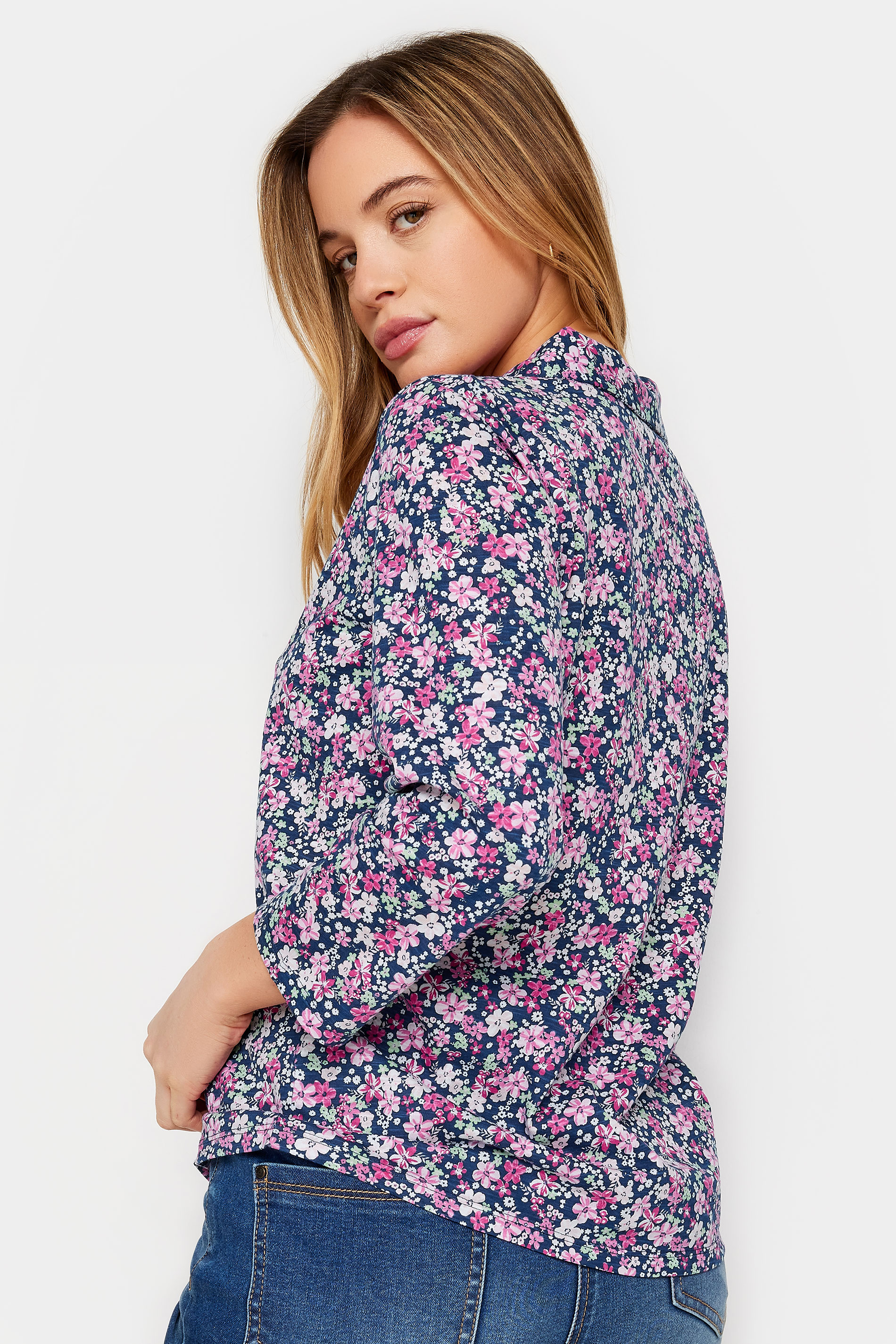 M&Co Petite Pink Floral Print Cotton Collared Shirt | M&Co 2
