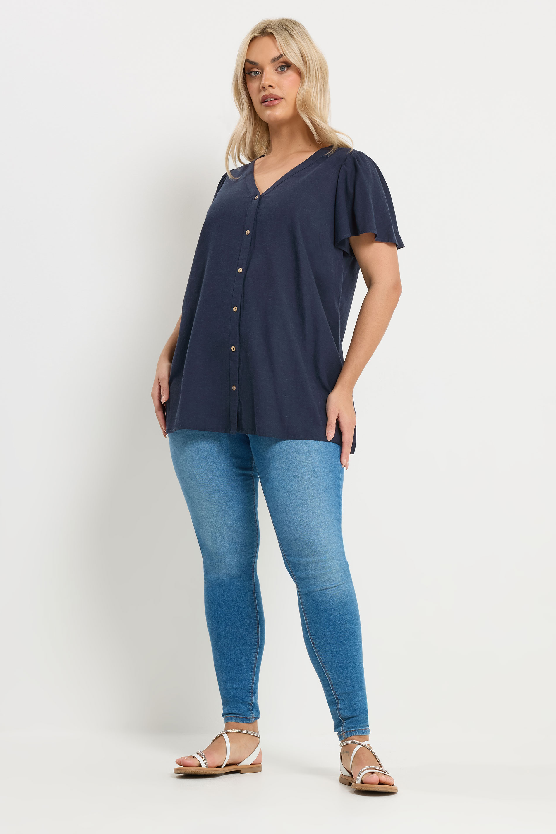 YOURS Plus Size Navy Blue Button Through Linen Blouse | Yours Clothing 1