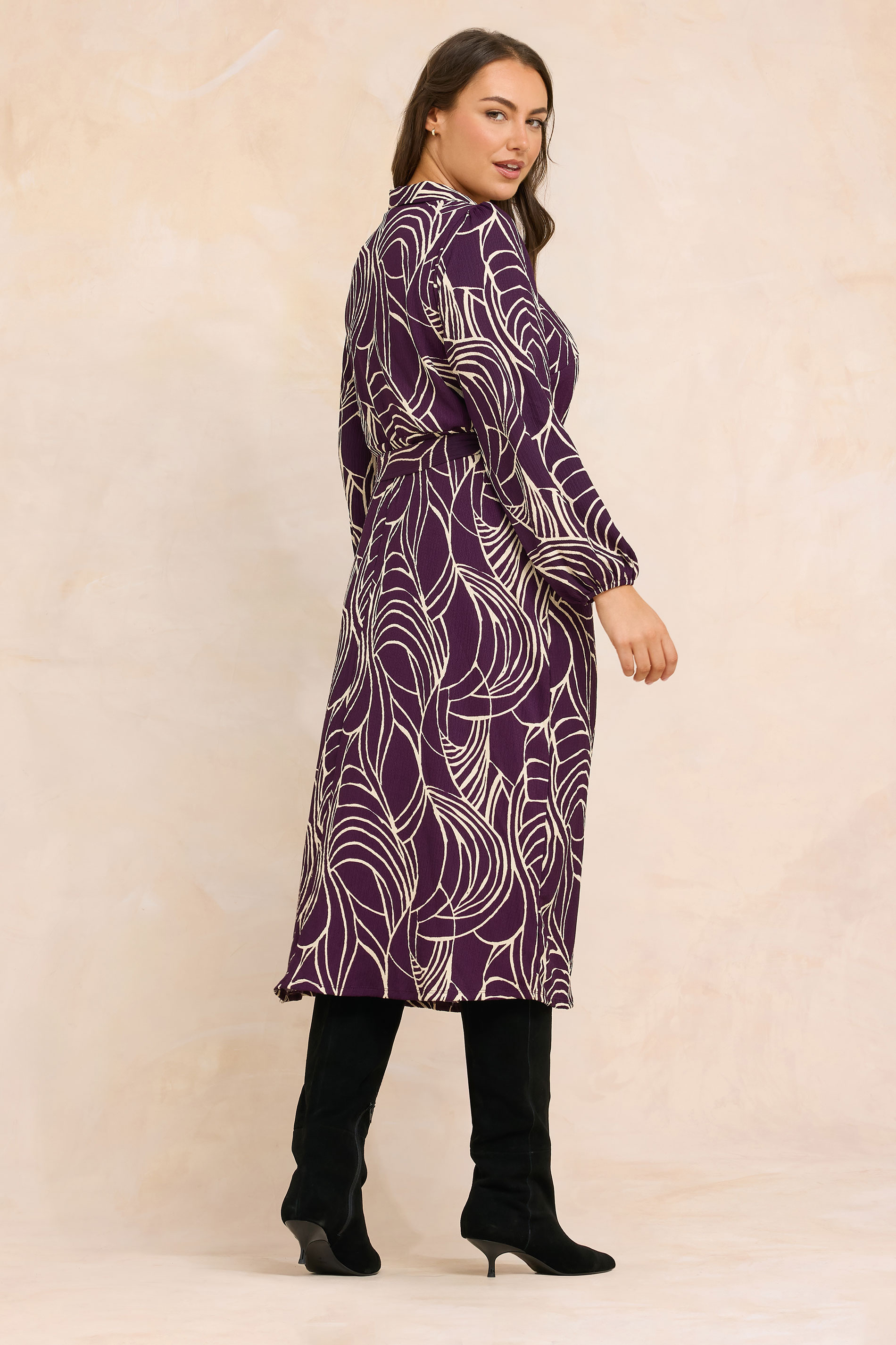 EVANS Plus Size Purple Linear Print Belted Shirt Dress | Yours Clothing 2