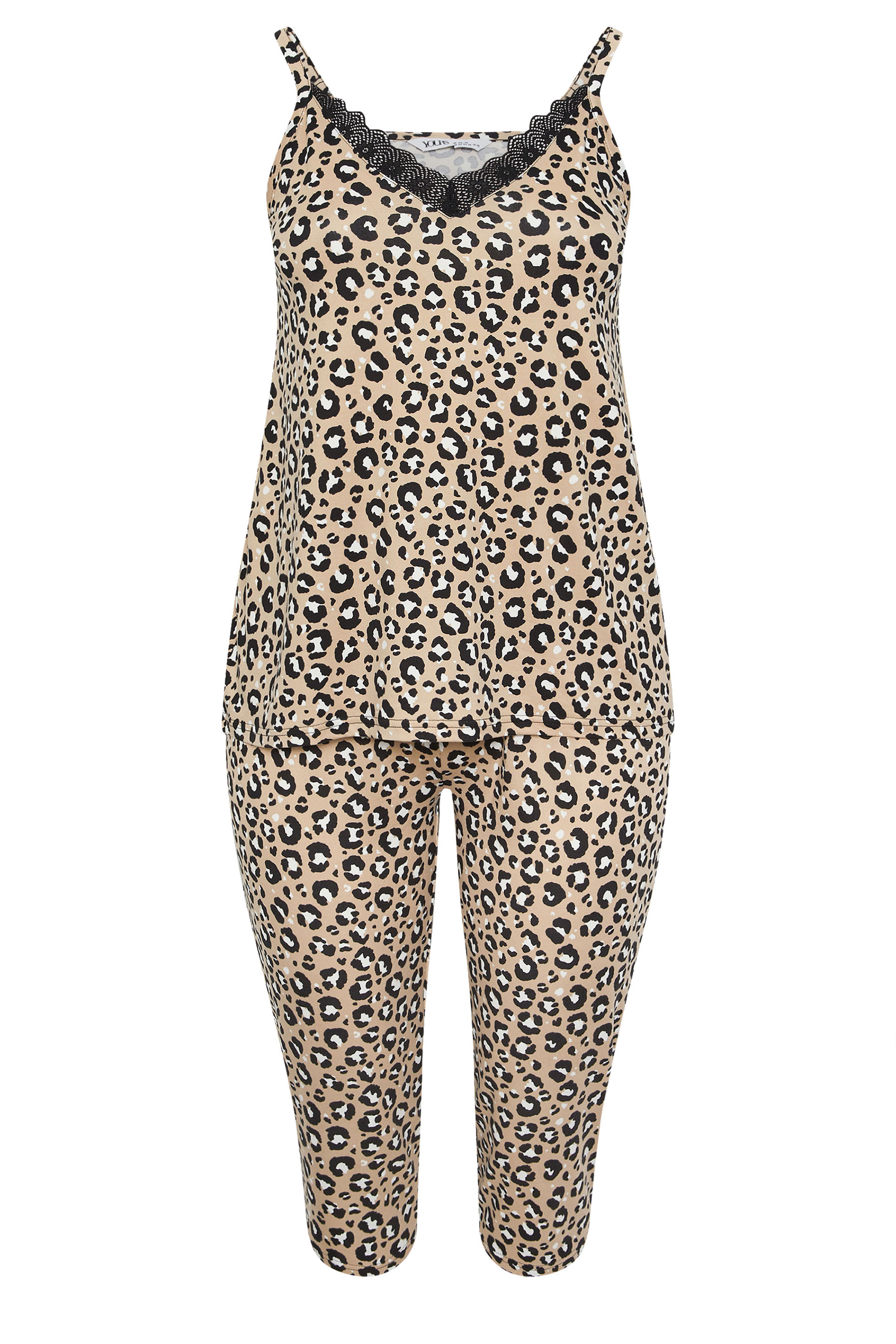 YOURS Plus Size Brown Leopard Print Cropped Pyjama Set | Yours Clothing 5