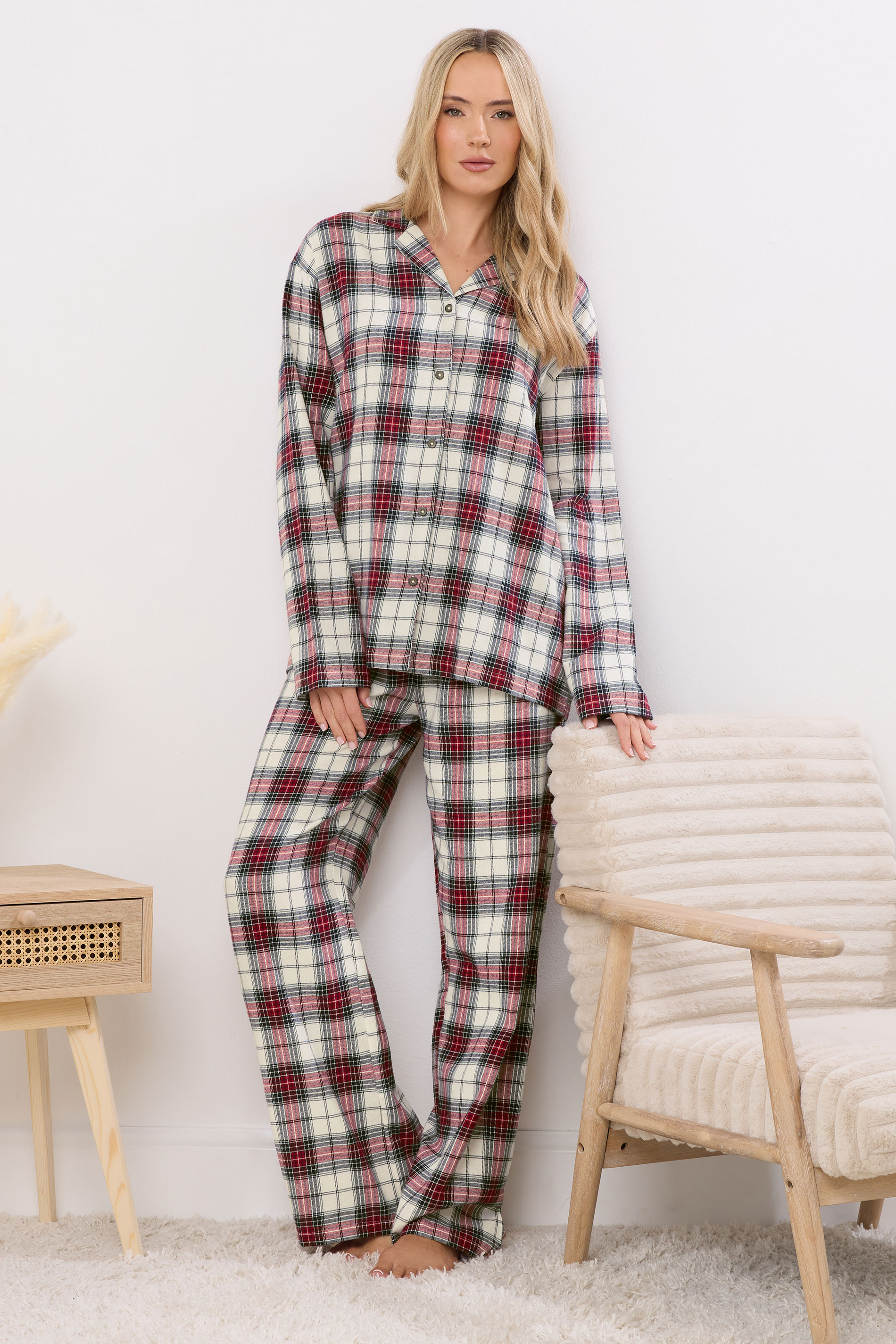 LTS Tall Ivory White & Red Cotton Check Pyjama Set | Long Tall Sally 1