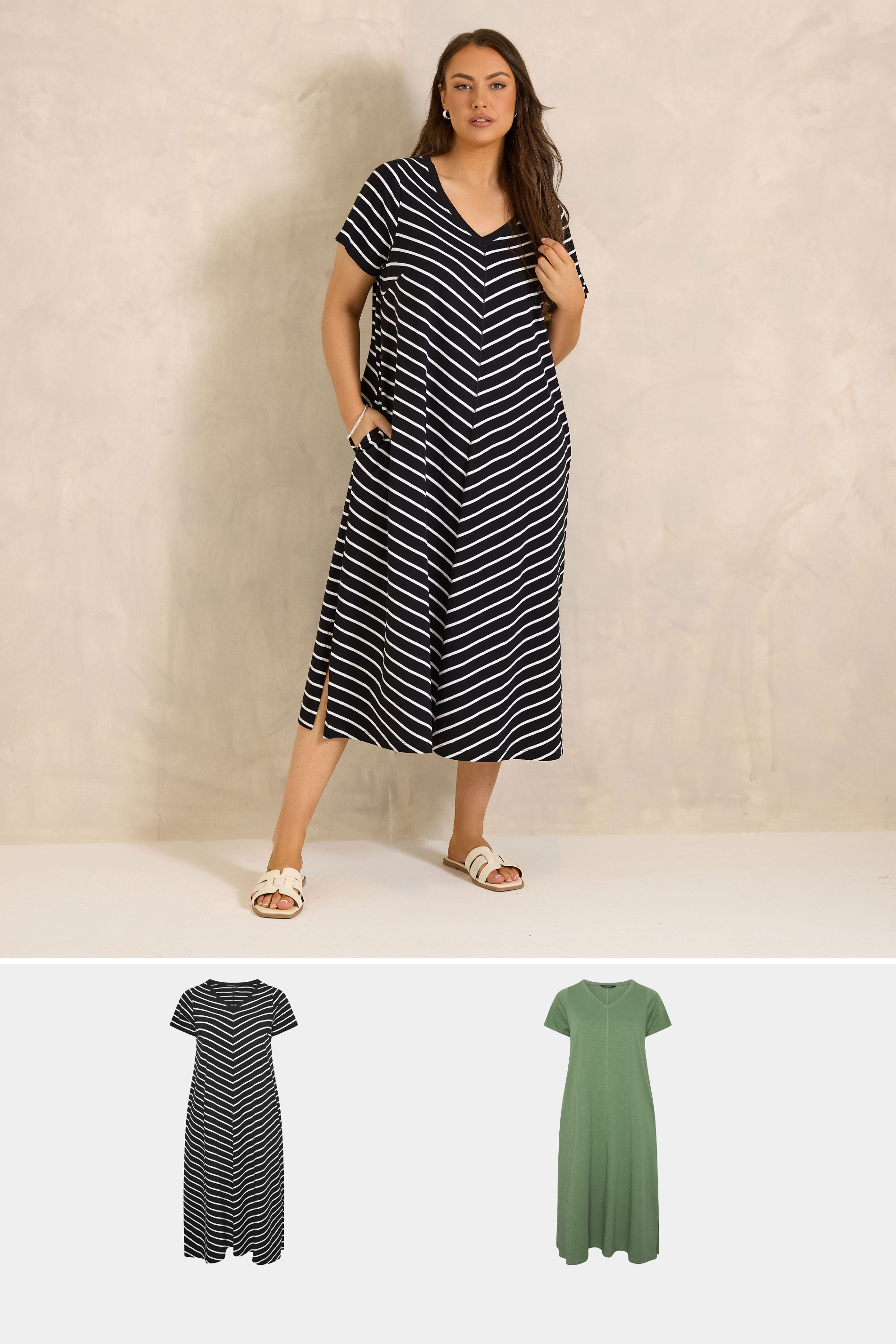 EVANS Plus Size 2 Pack Black & Khaki Green Cotton Dresses | Evans 3