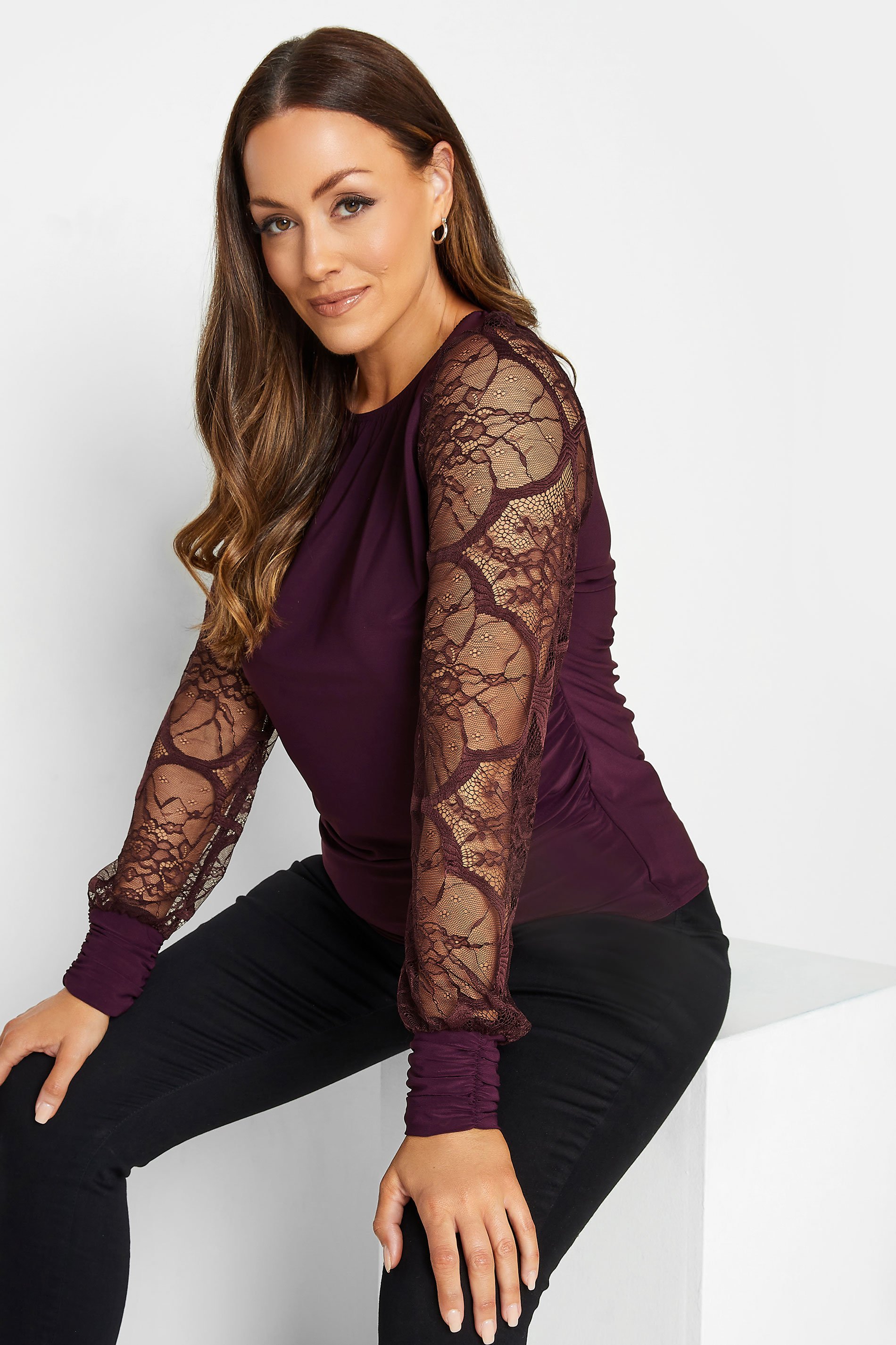 M&Co Burgundy Red Lace Long Sleeve Top | M&Co 1
