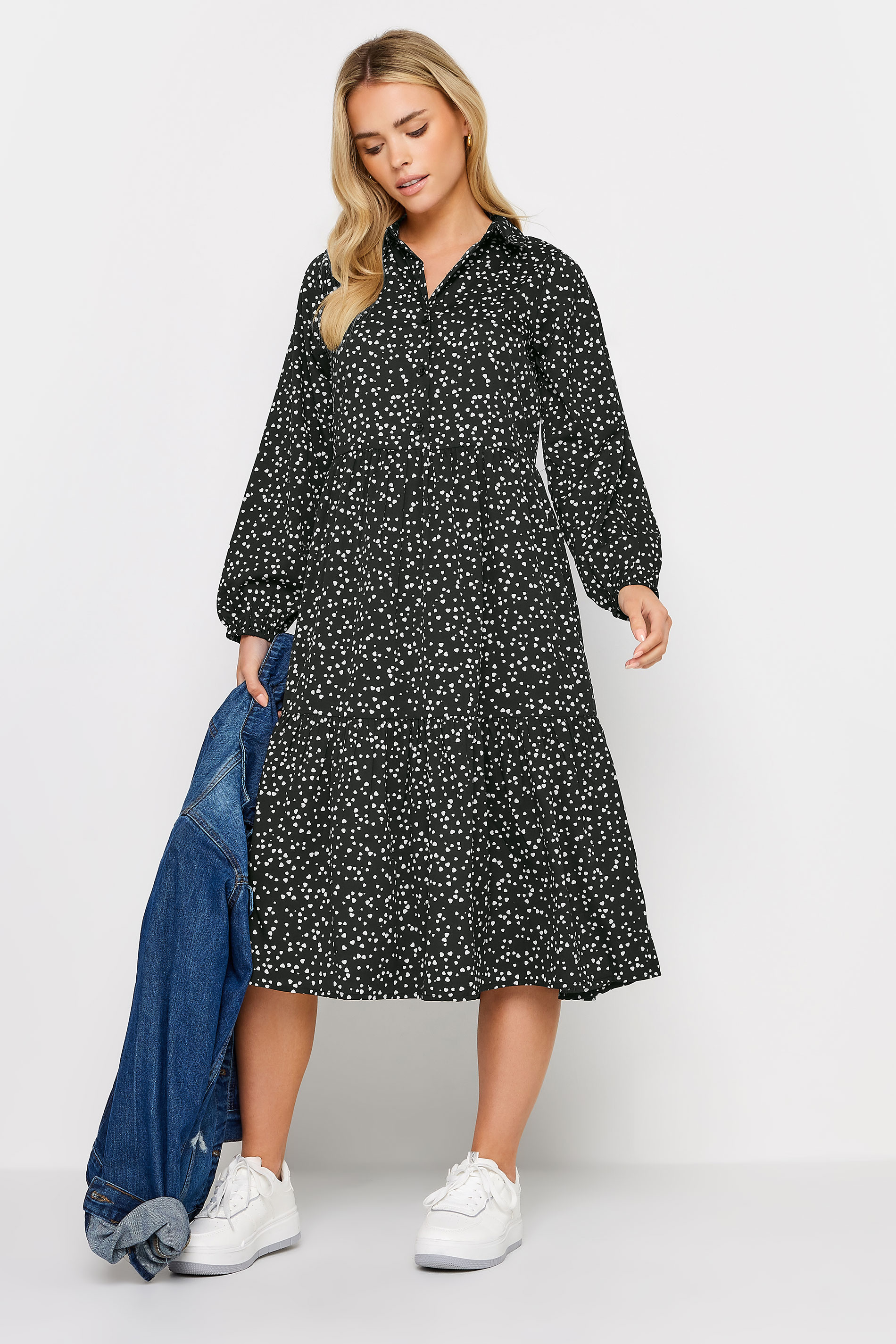 PixieGirl Petite Womens Black Heart Print Tiered Midi Dress | PixieGirl 1