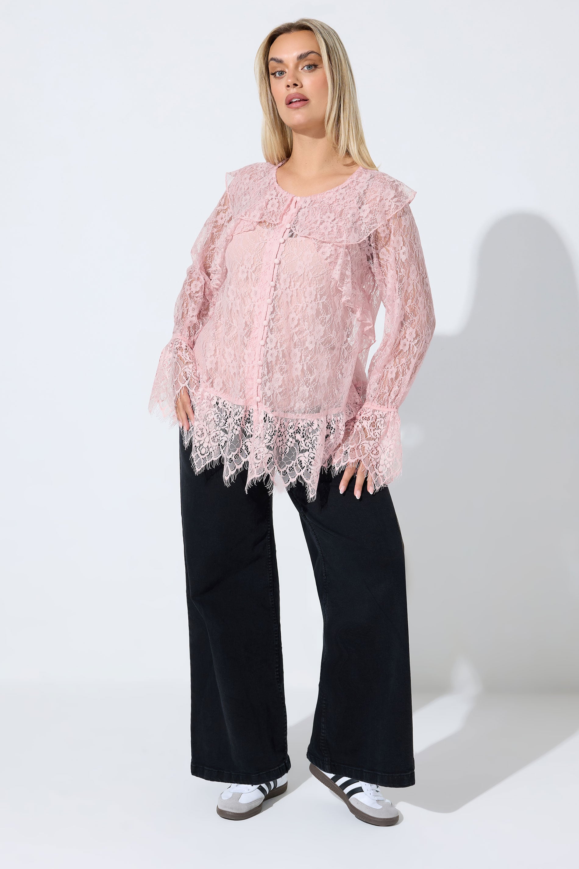 LIMITED COLLECTION Plus Size Pink Lace Frill Blouse | Yours Clothing 1