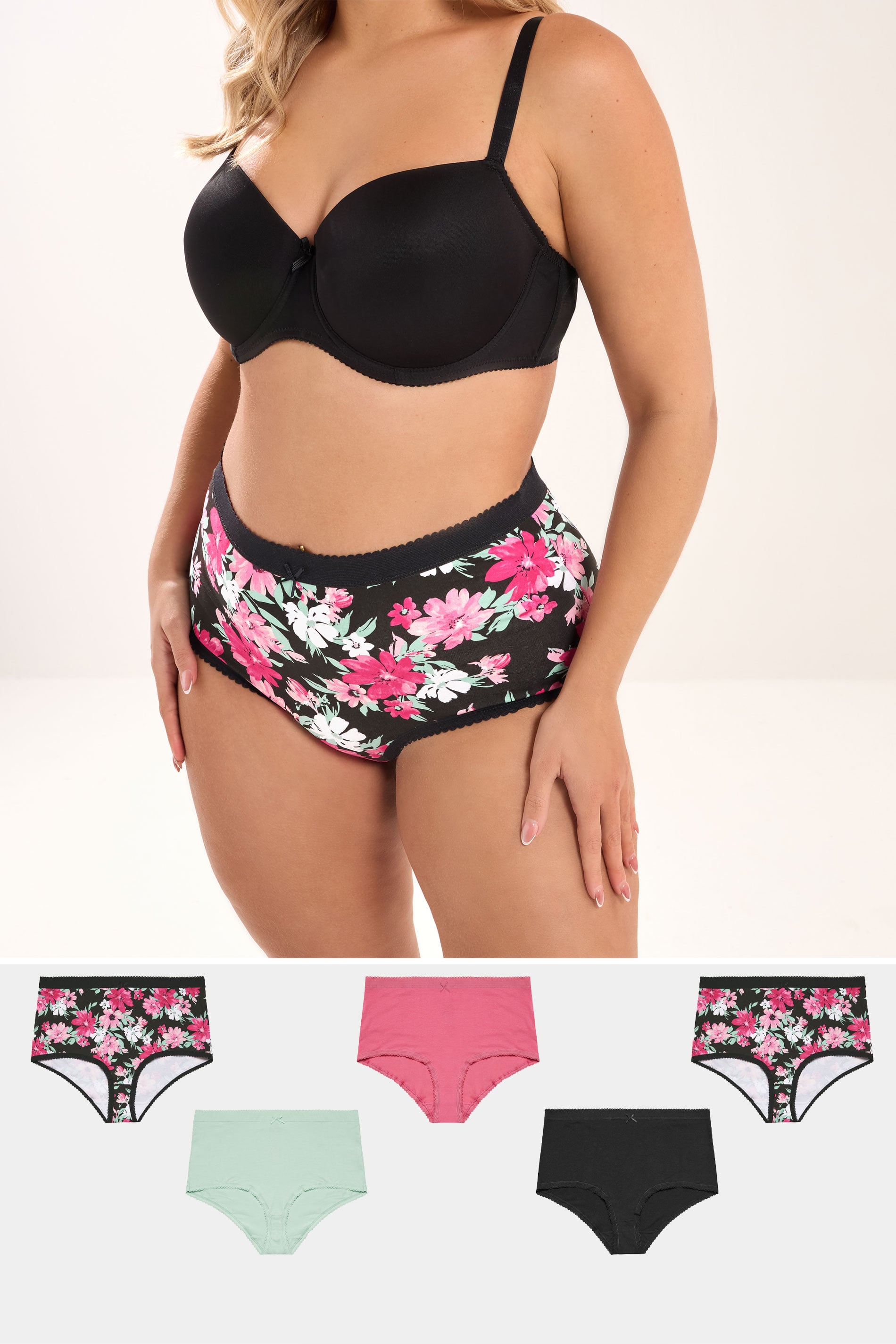 YOURSET Plus Size 5 PACK Black Floral Print Full Briefs | Yours Clothing 1