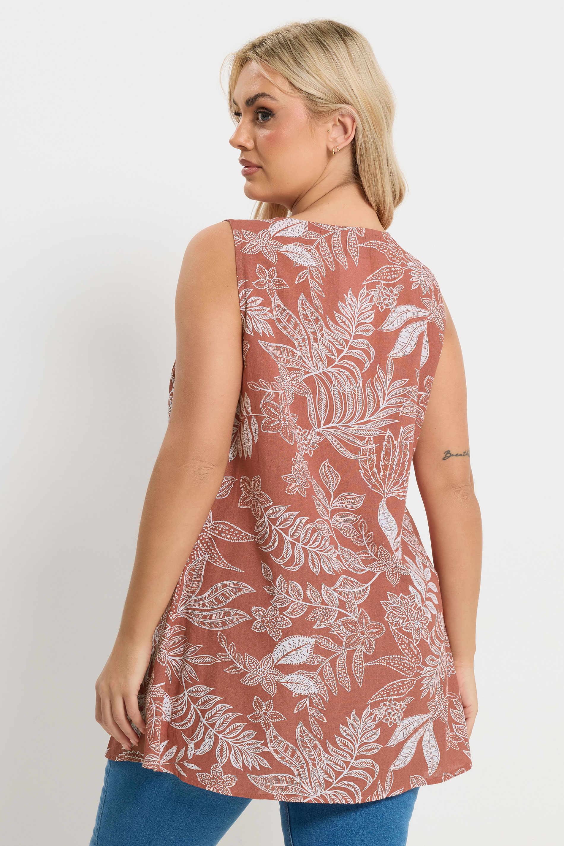 YOURS Plus Size Rust Orange Palm Leaf Linen Vest Top | Yours Clothing 2