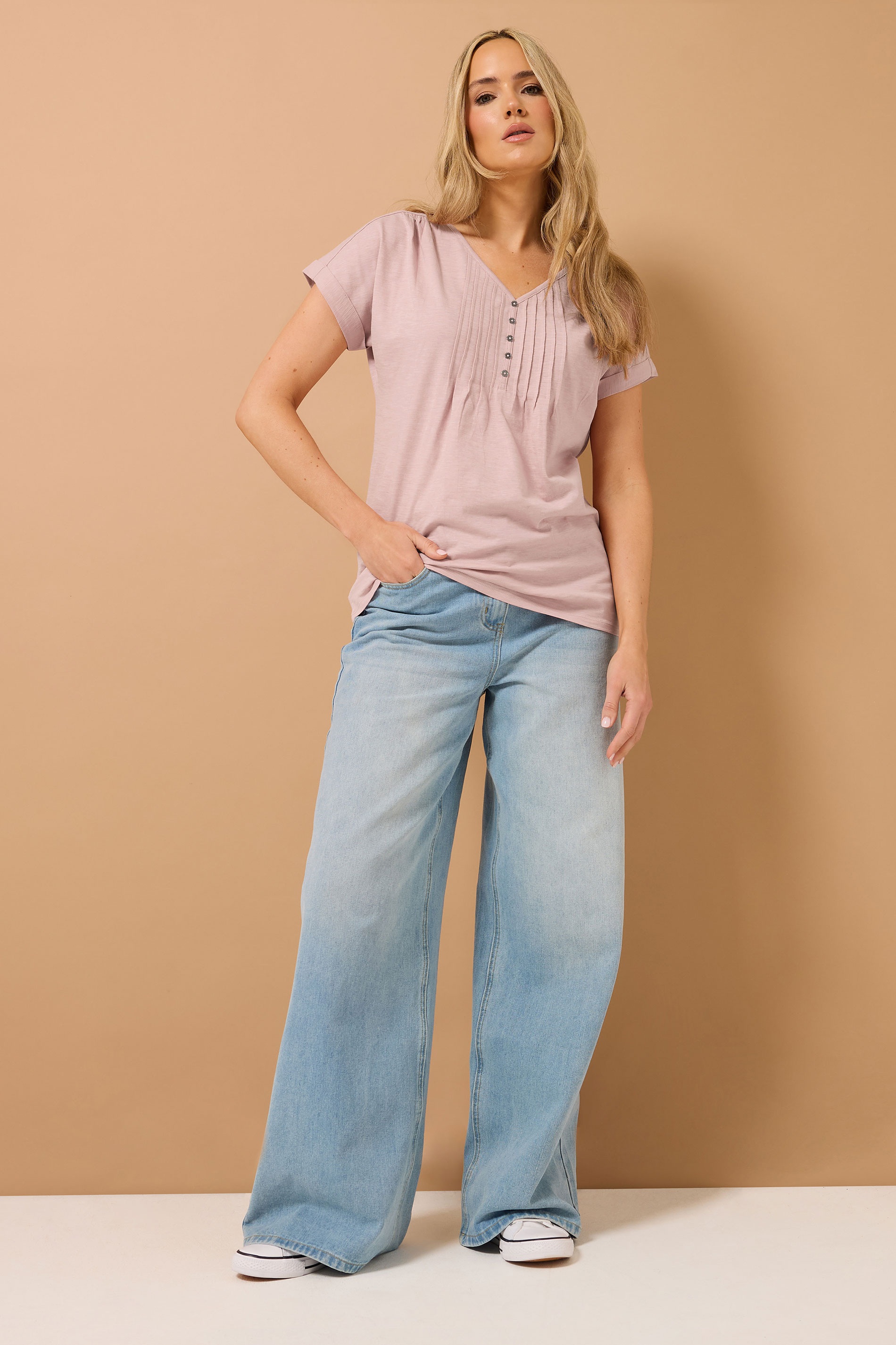 LTS Tall Light Pink Cotton Short Sleeve Henley Top | Long Tall Sally 2