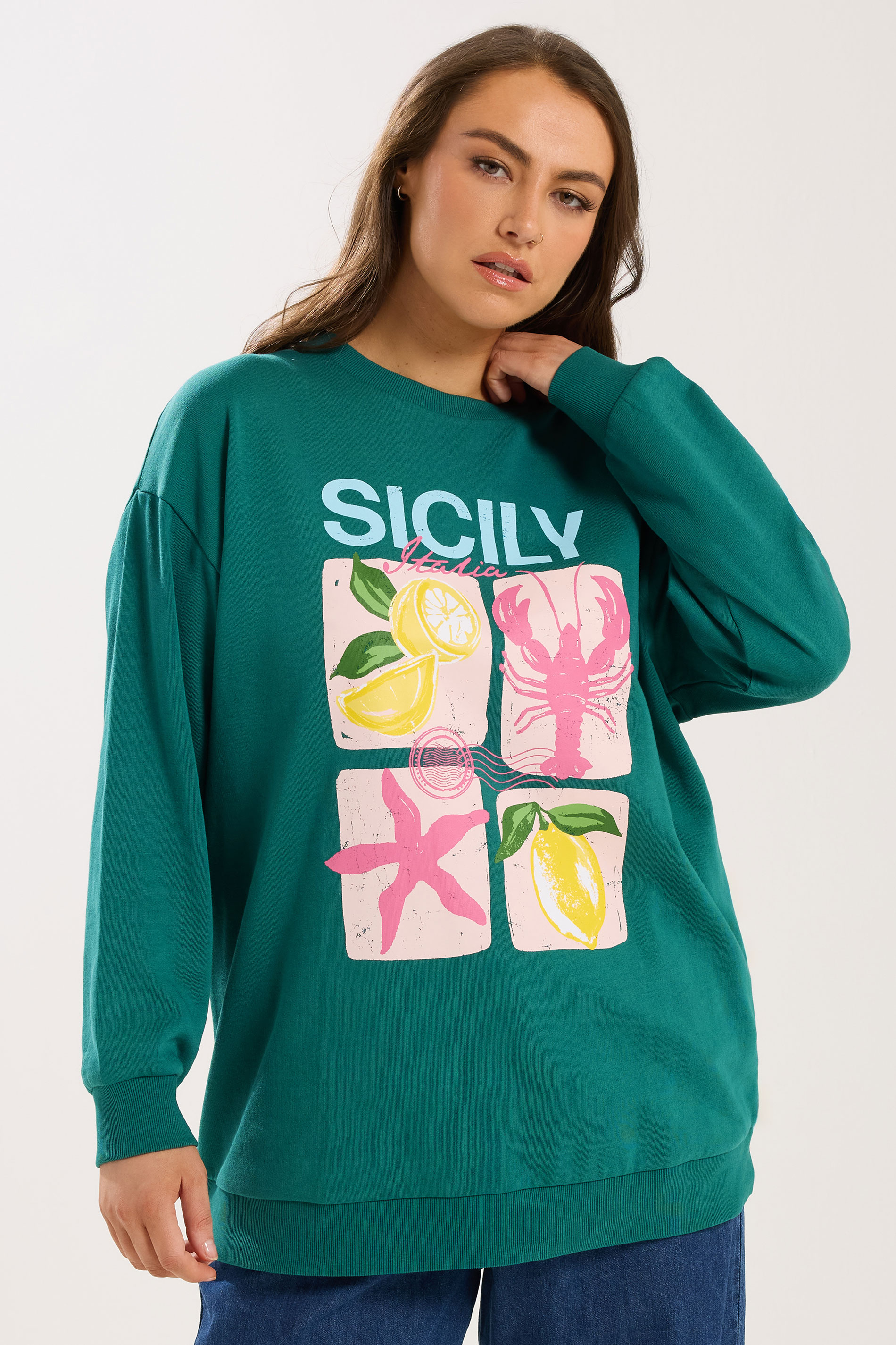 YOURS Plus Size Teal Green 'Sicily' Slogan Sweatshirt | Yours Clothing 3