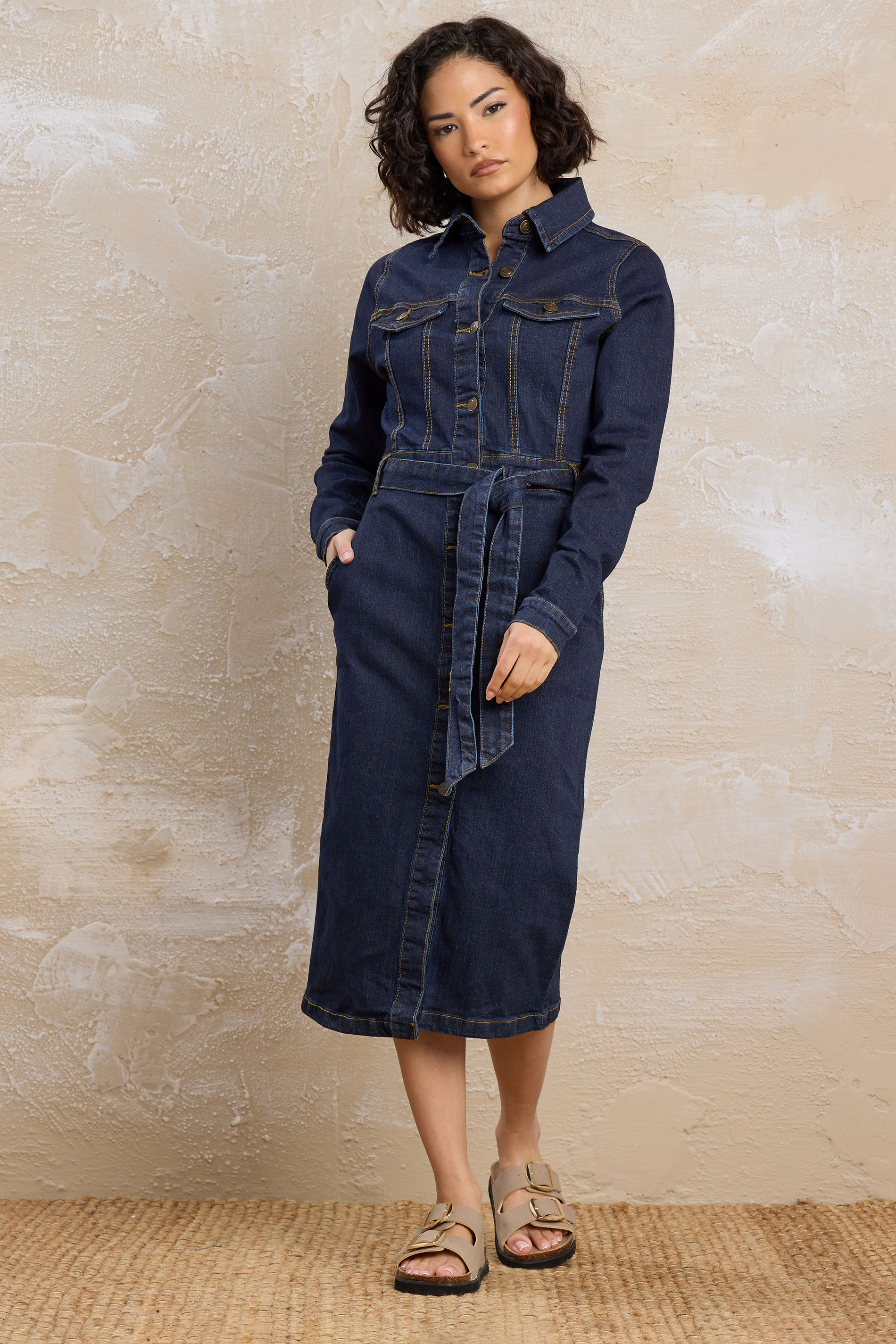 PixieGirl Petite Women's Indigo Blue Denim Tie Waist Midi Dress | PixieGirl 3