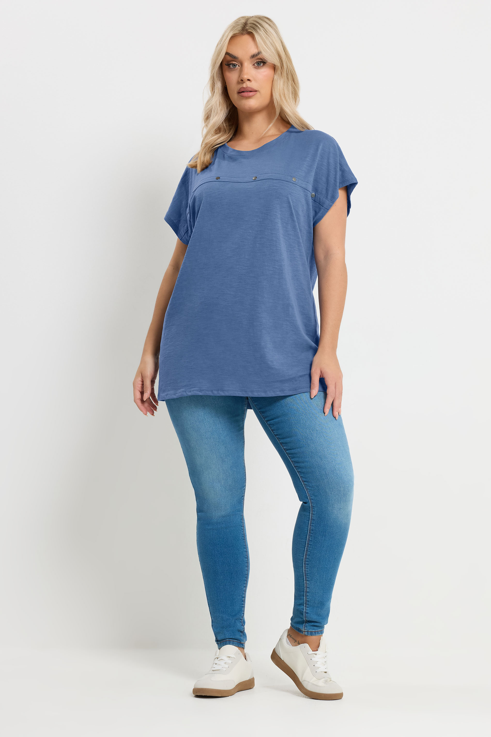 YOURS Plus Size Blue Stud Grown-On Sleeve T-Shirt | Yours Clothing 1