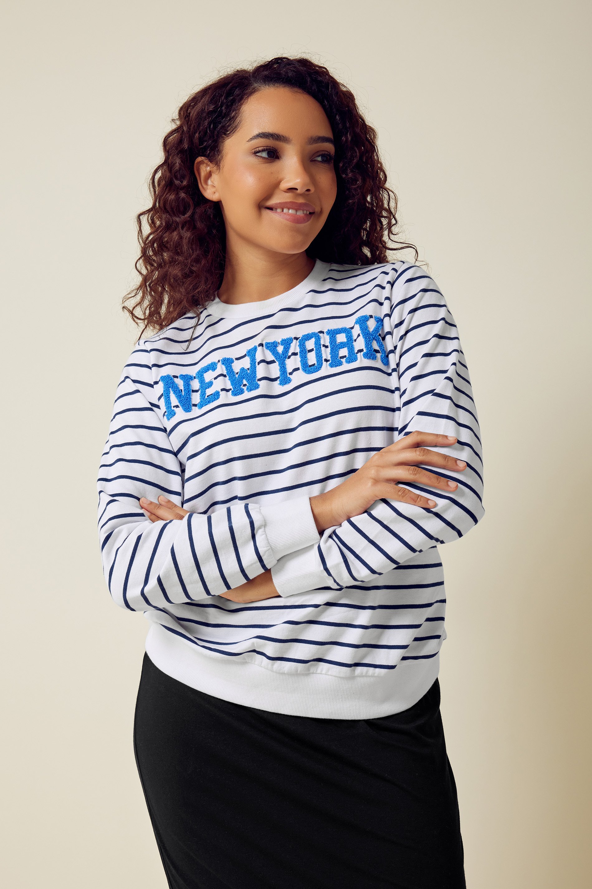M&Co White & Navy Striped 'New York' Sweatshirt | M&Co 1