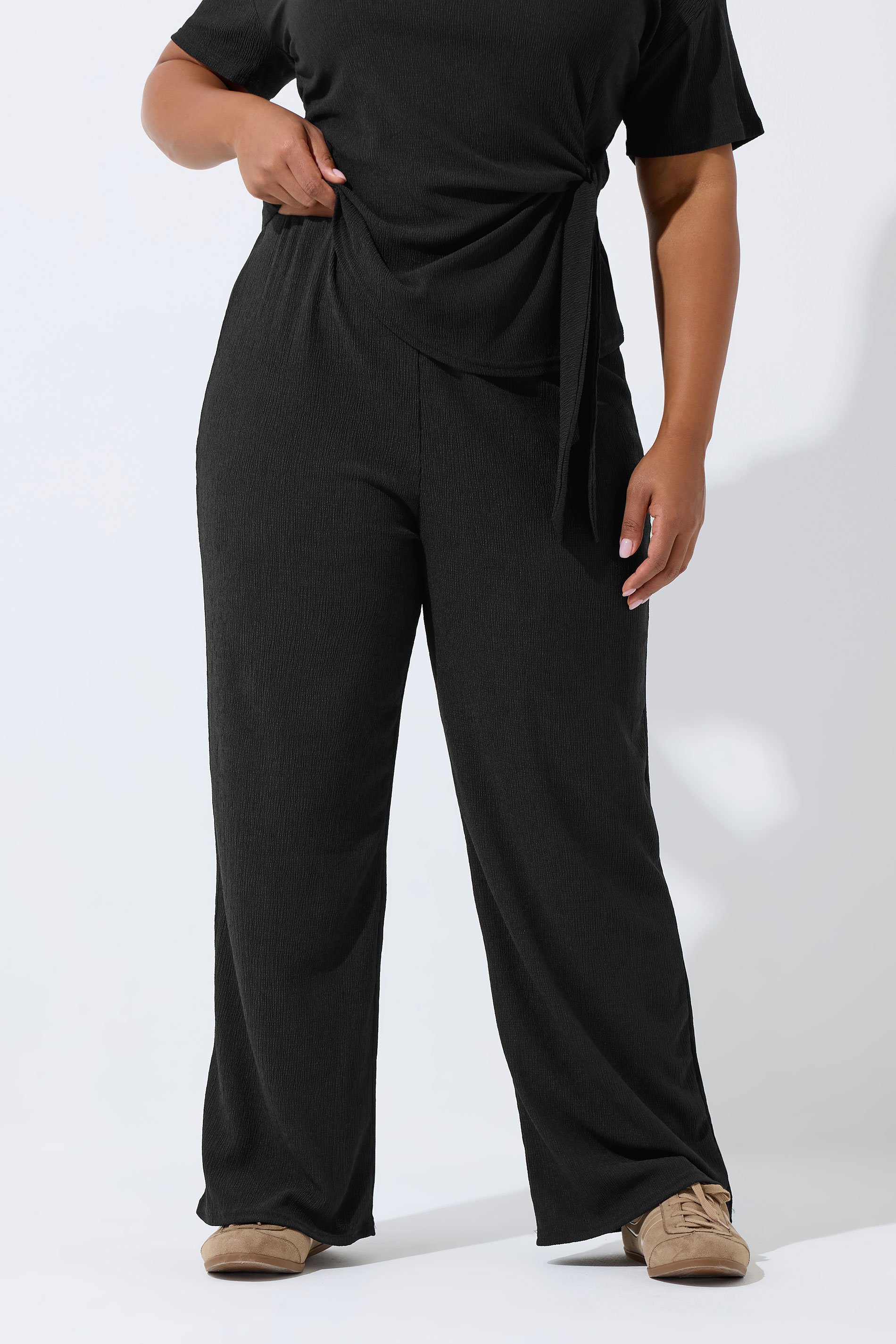 LIMITED COLLECTION Plus Size Black Textured Wide Leg Trousers | Yours Clothing 1