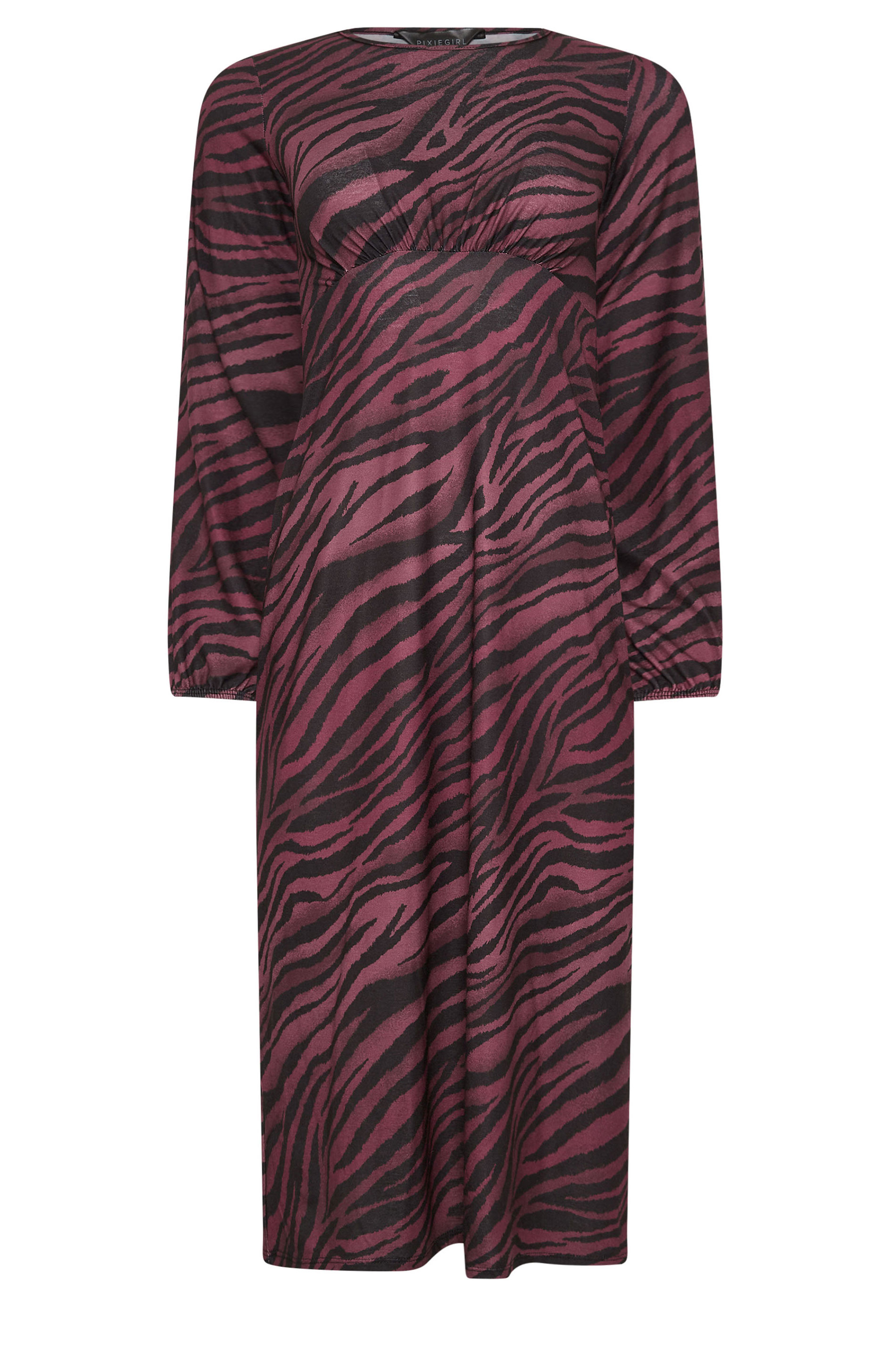 PixieGirl Petite Women's Burgundy Red Zebra Print Long Sleeve Midi Dress | PixieGirl 5