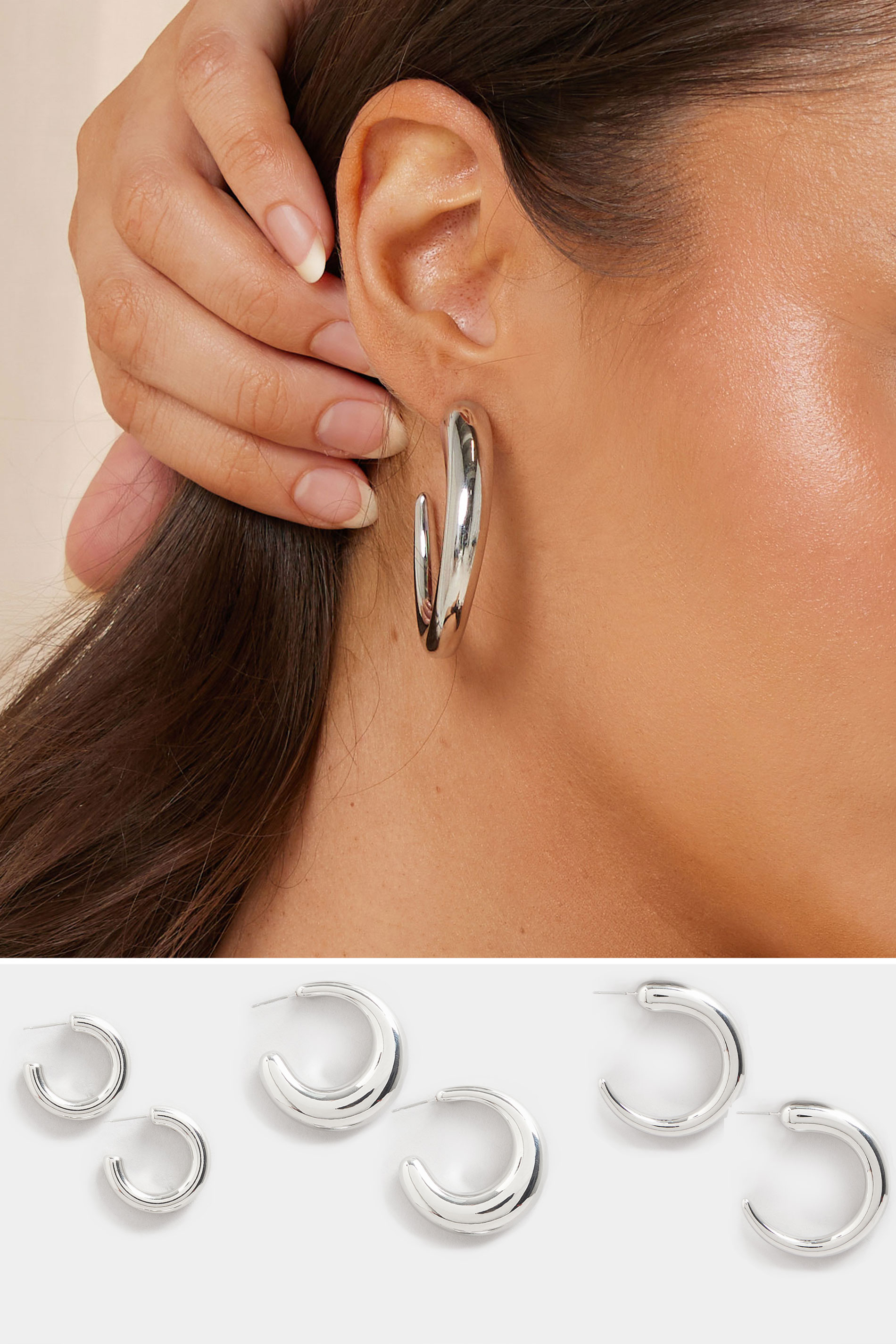 YOURSET 3 PACK Silver Tone Hoop Earrings Set | Yours Clothing 1