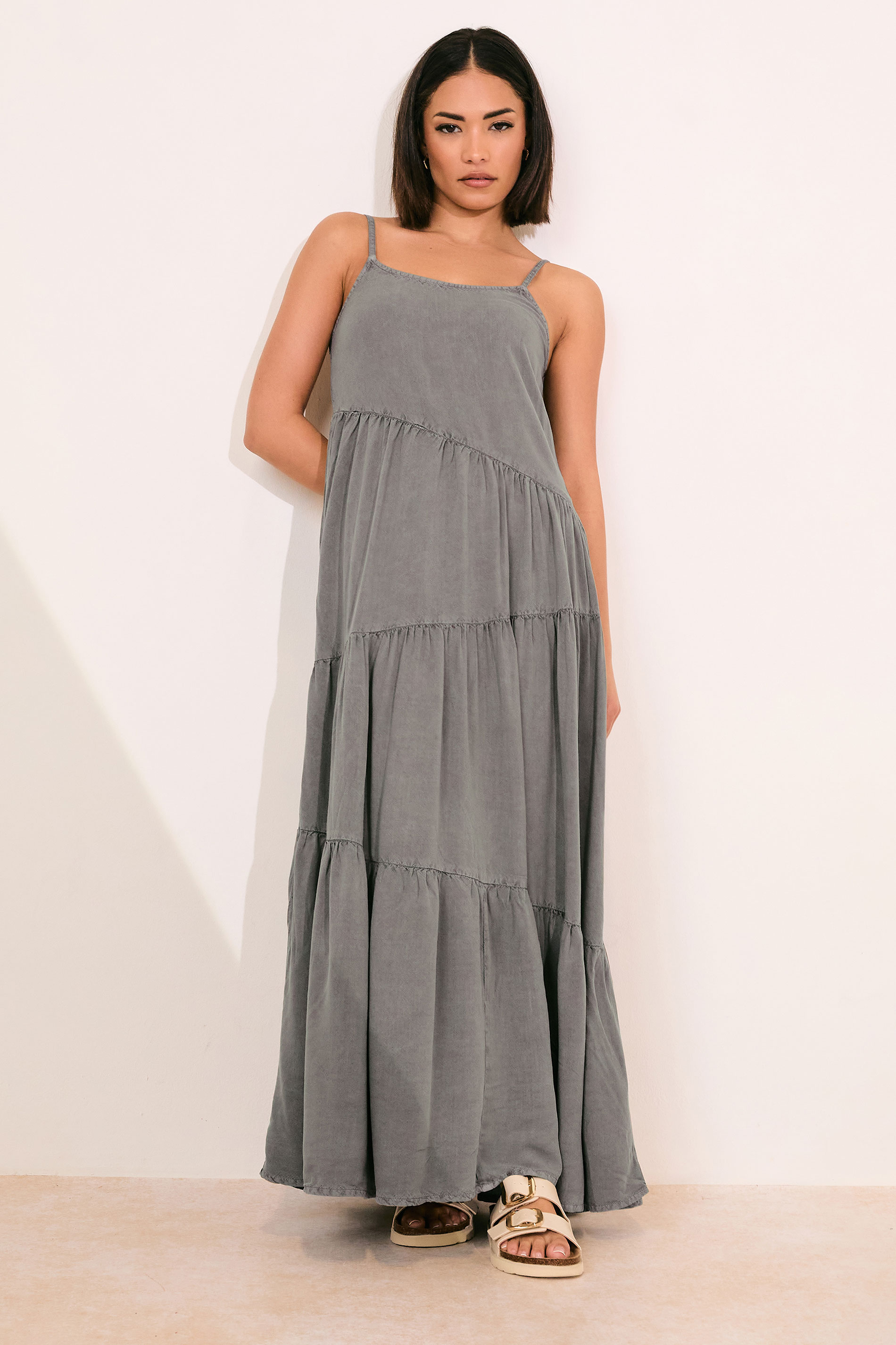 PixieGirl Petite Women's Grey Acid Wash Asymmetric Tiered Maxi Dress | PixieGirl 1