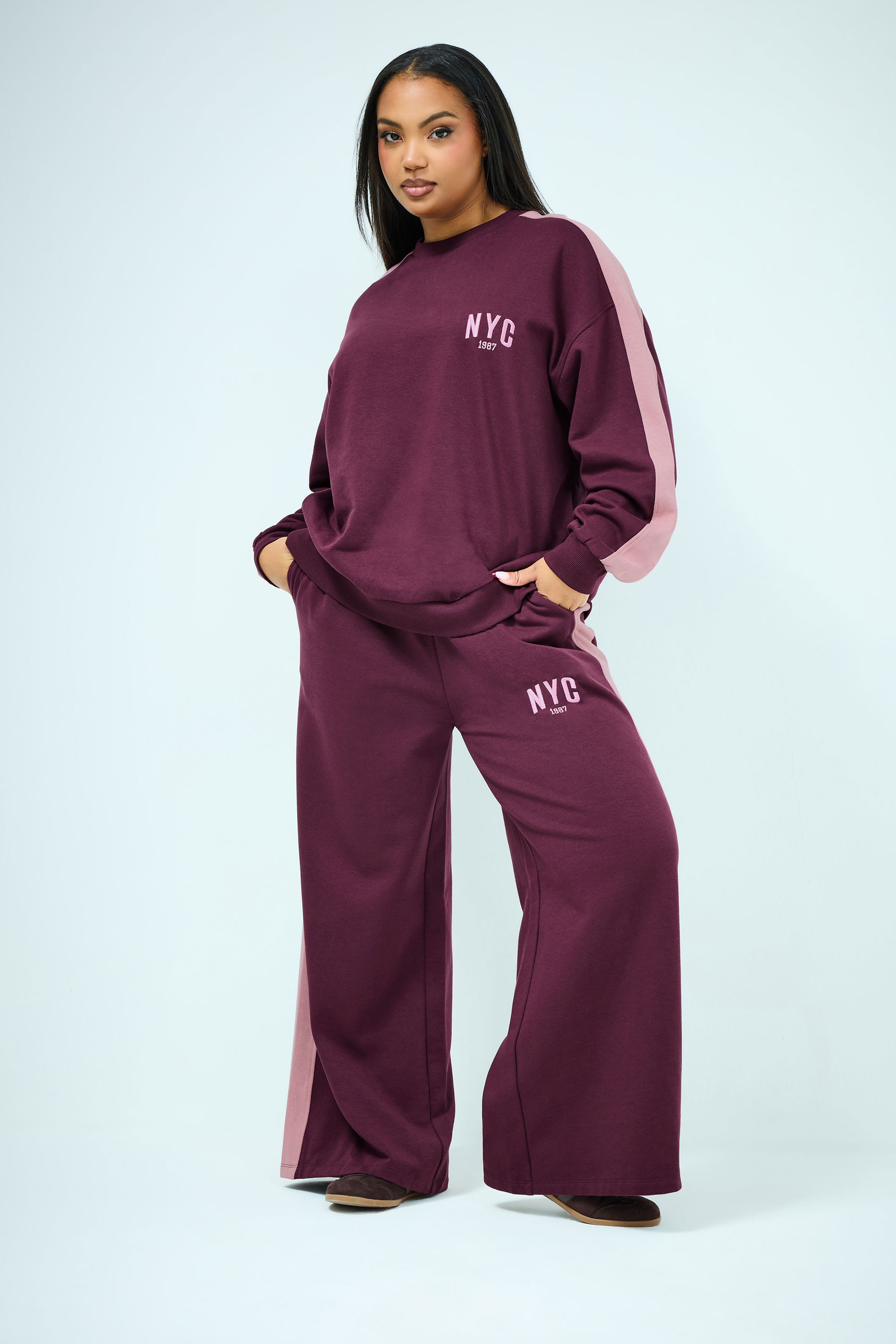 YOURS Plus Size Burgundy Red 'NYC' Side Stripe Sweatshirt | Yours Clothing 1