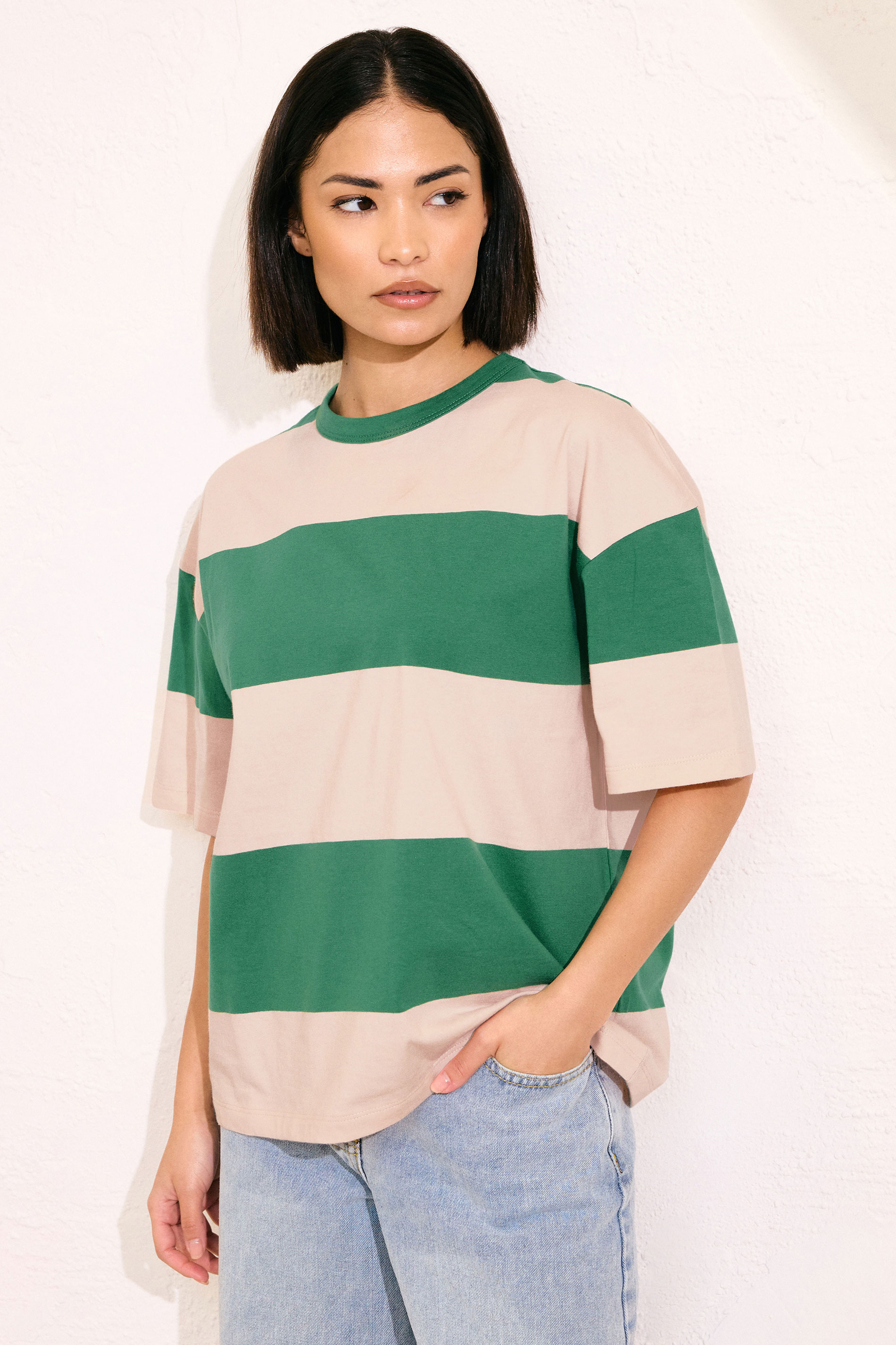 PixieGirl Petite Women's Green & Pink Striped Cotton Boxy T-Shirt | PixieGirl 3