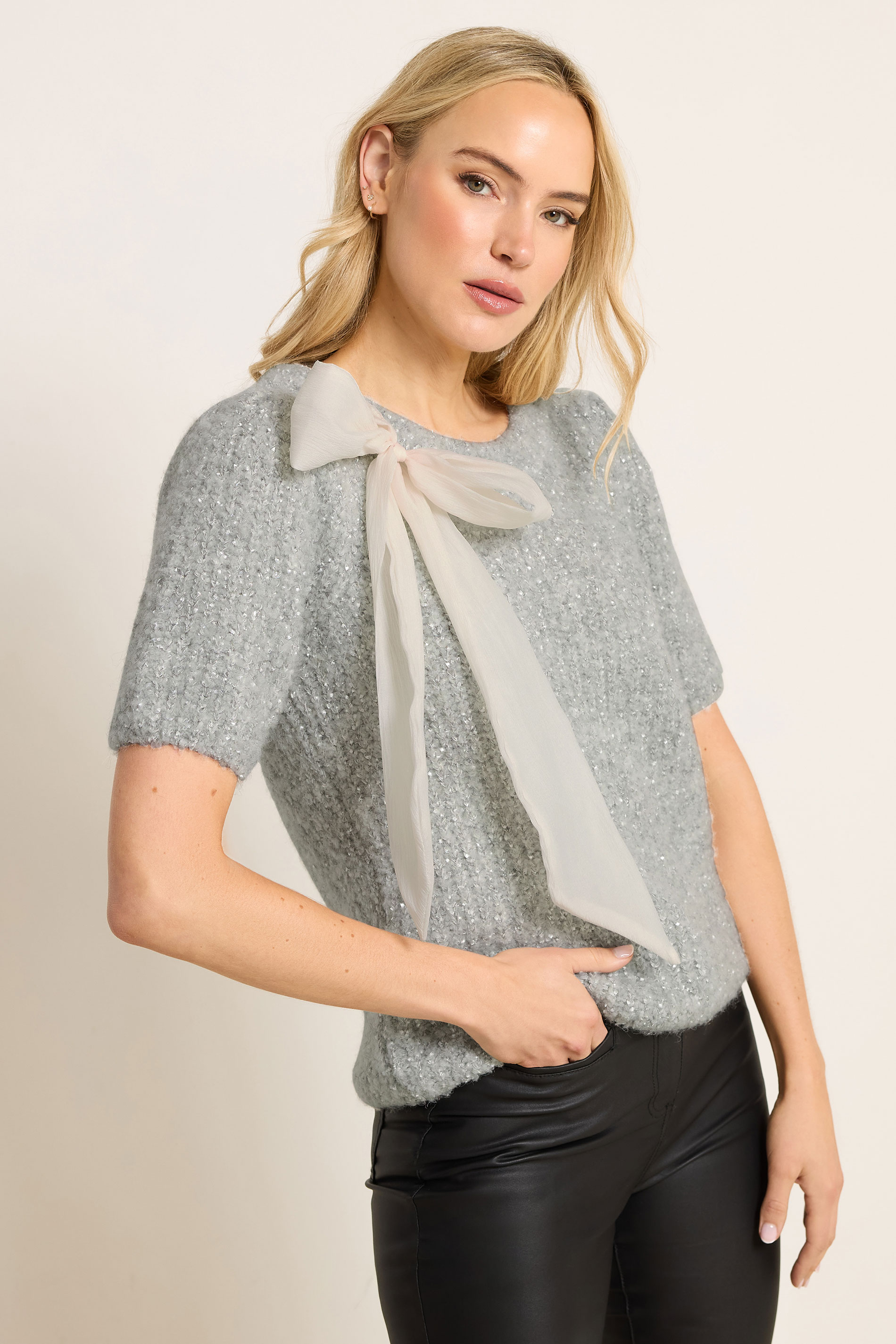 LTS Tall Silver Knitted Bow Jumper | Long Tall Sally 1