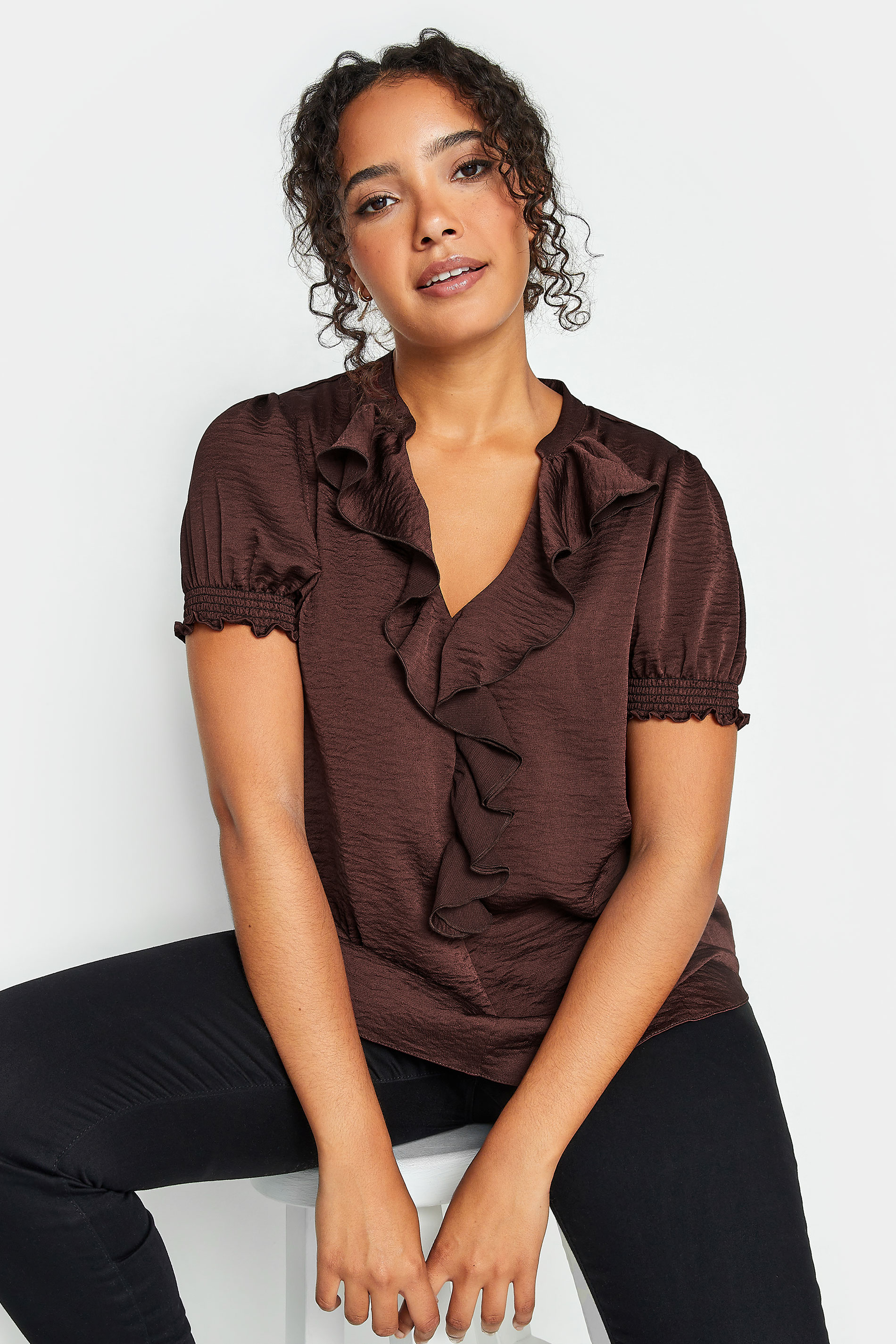 M&Co Brown Frill Satin Blouse | M&Co 1