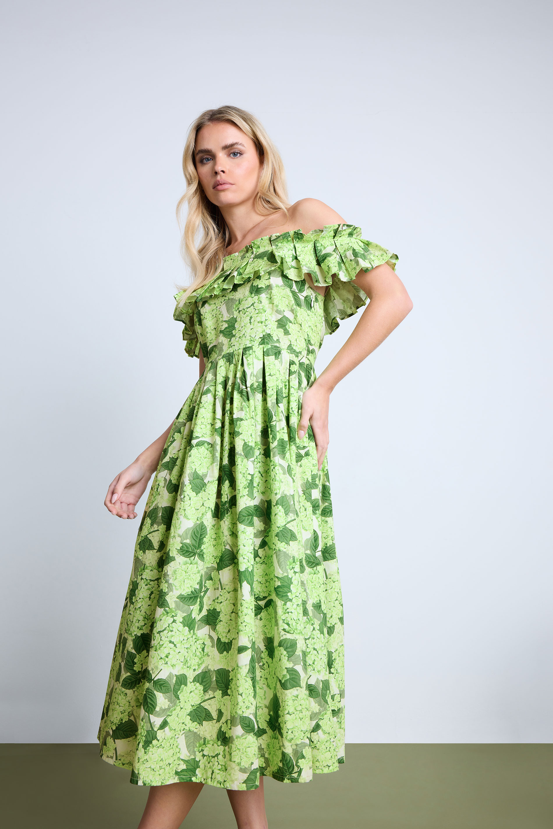 PixieGirl Petite Women's Green Floral Ruffle Cotton Bardot Midi Dress | PixieGirl 3