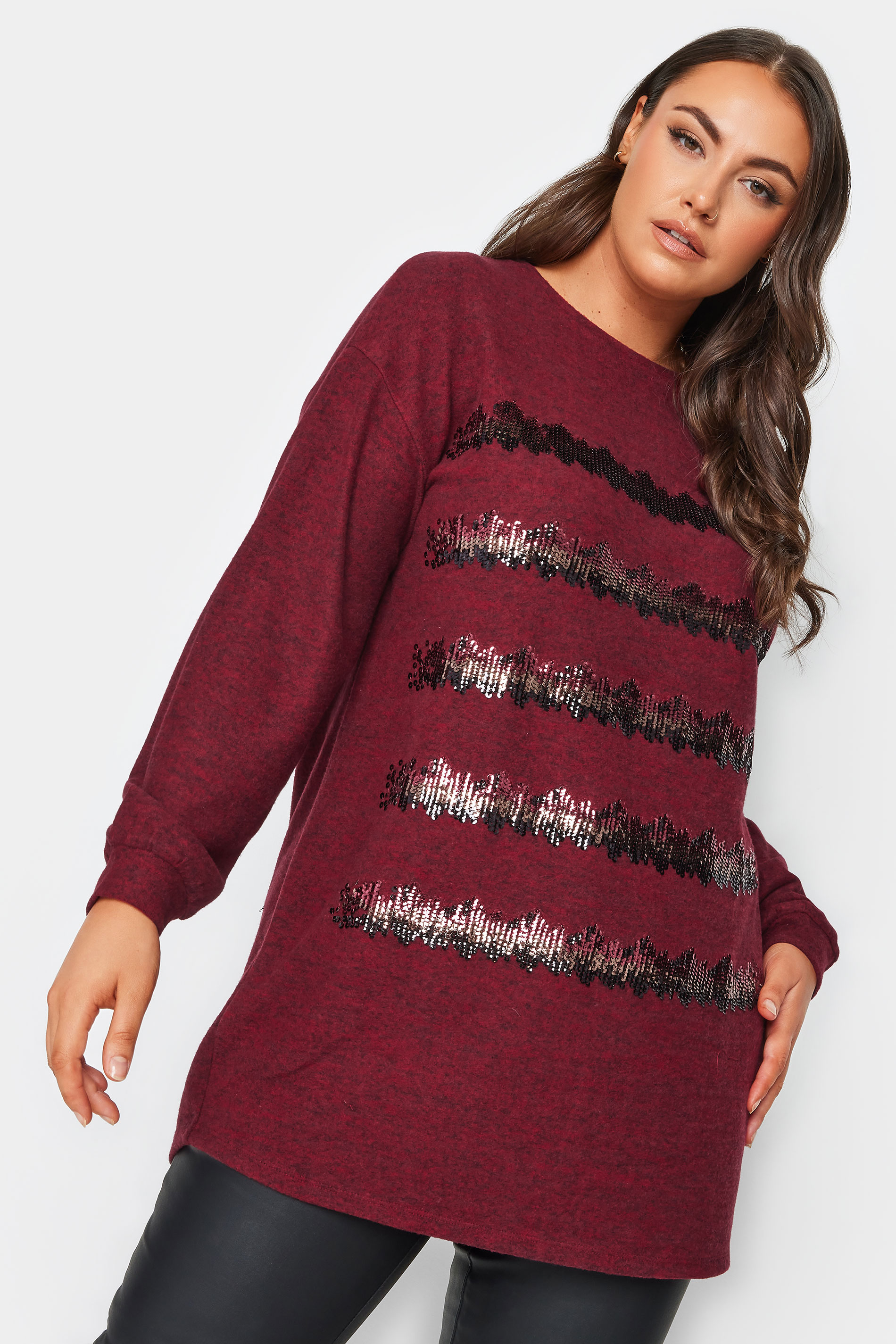 YOURS Plus Size Burgundy Red Sequin Embellished Stripe Jumper | Yours Clothing 1