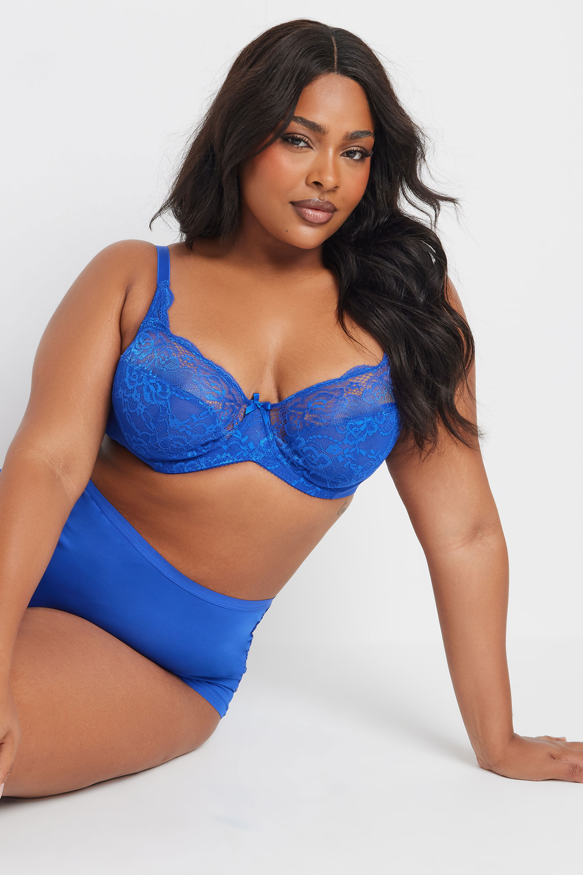 YOURS Plus Size Cobalt Blue Stretch Lace Non-Padded Underwired Balcony Bra | Yours Clothing 3
