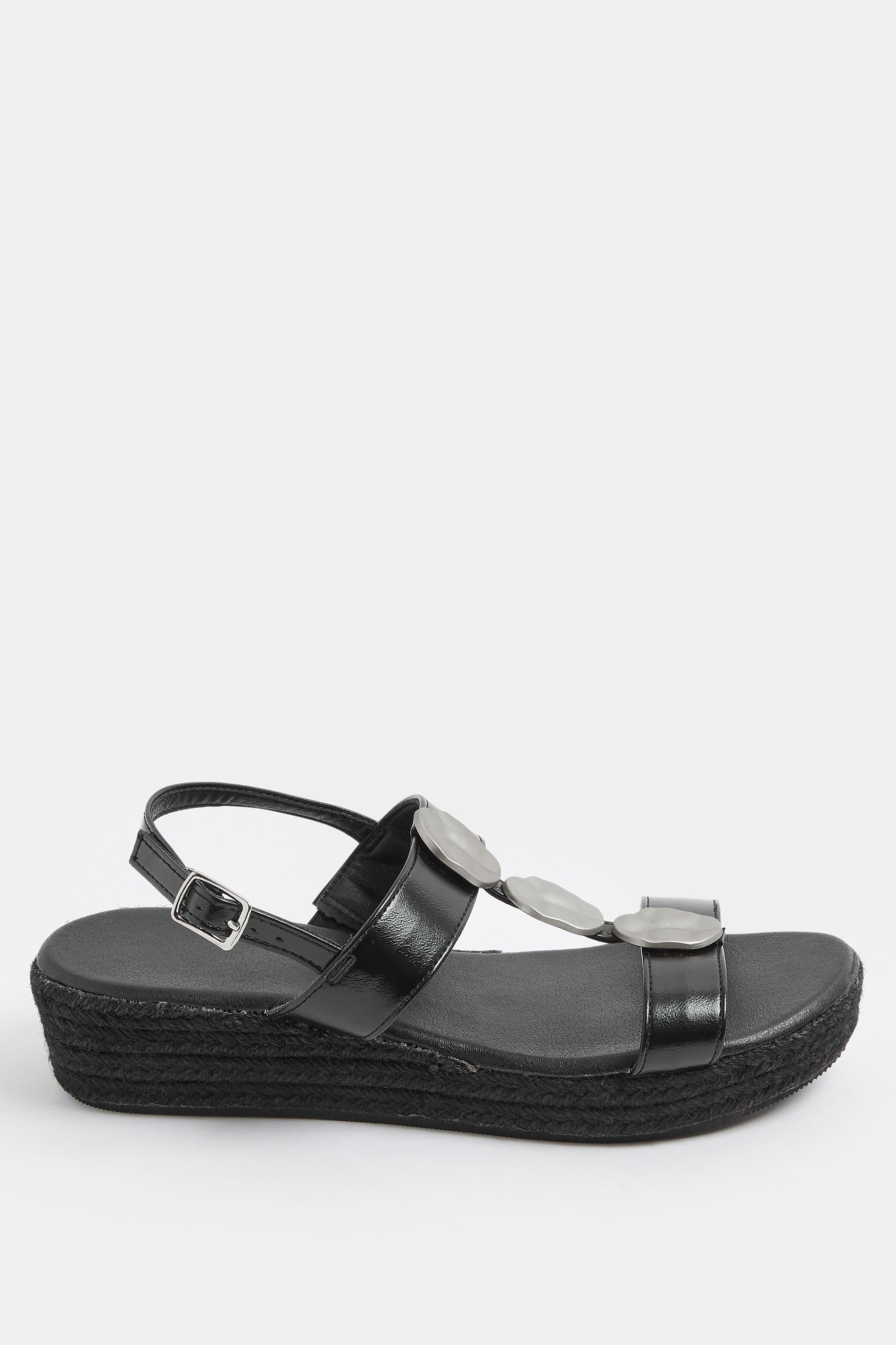 Black Hammered Disk Wedge Sandals In Wide E Fit | Yours Clothing 2