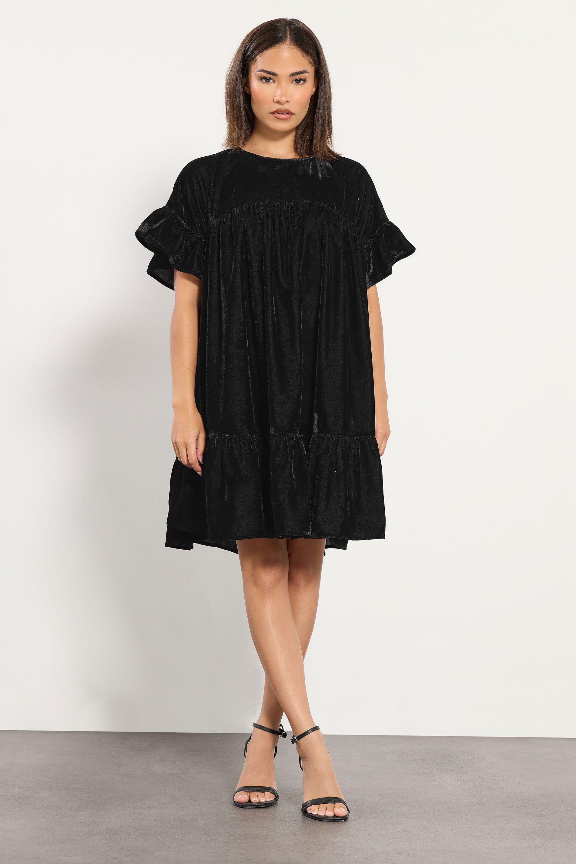 PixieGirl Petite Women's Black Velvet Frill Smock Mini Dress | PixieGirl 3