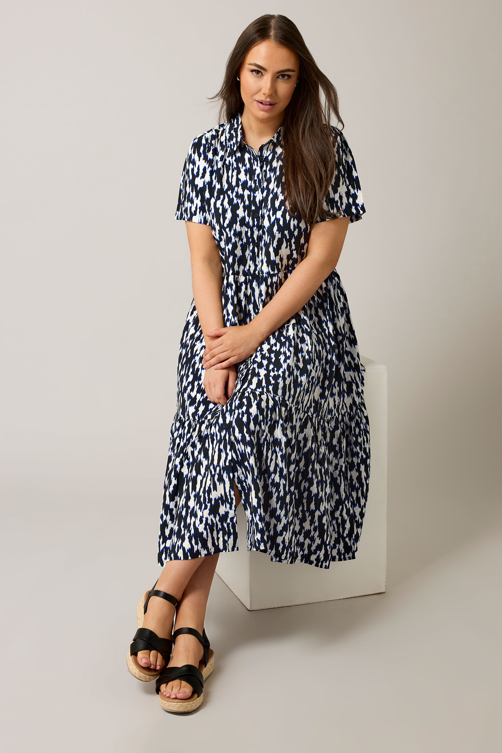 EVANS Plus Size Navy Blue Abstract Print Midi Shirt Dress | Evans  1