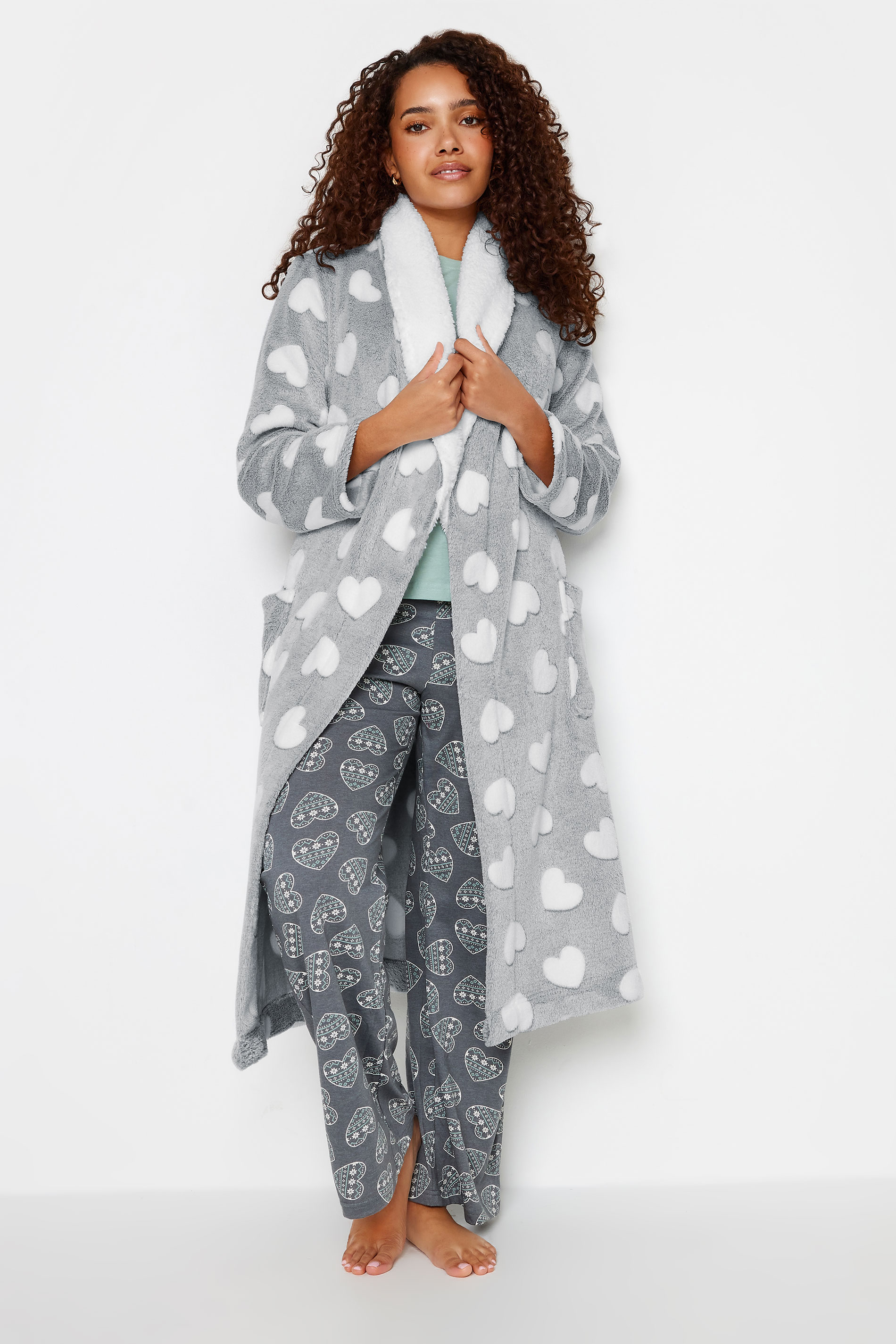 M&Co Grey Soft Touch Heart Print Hooded Dressing Gown | M&Co 2
