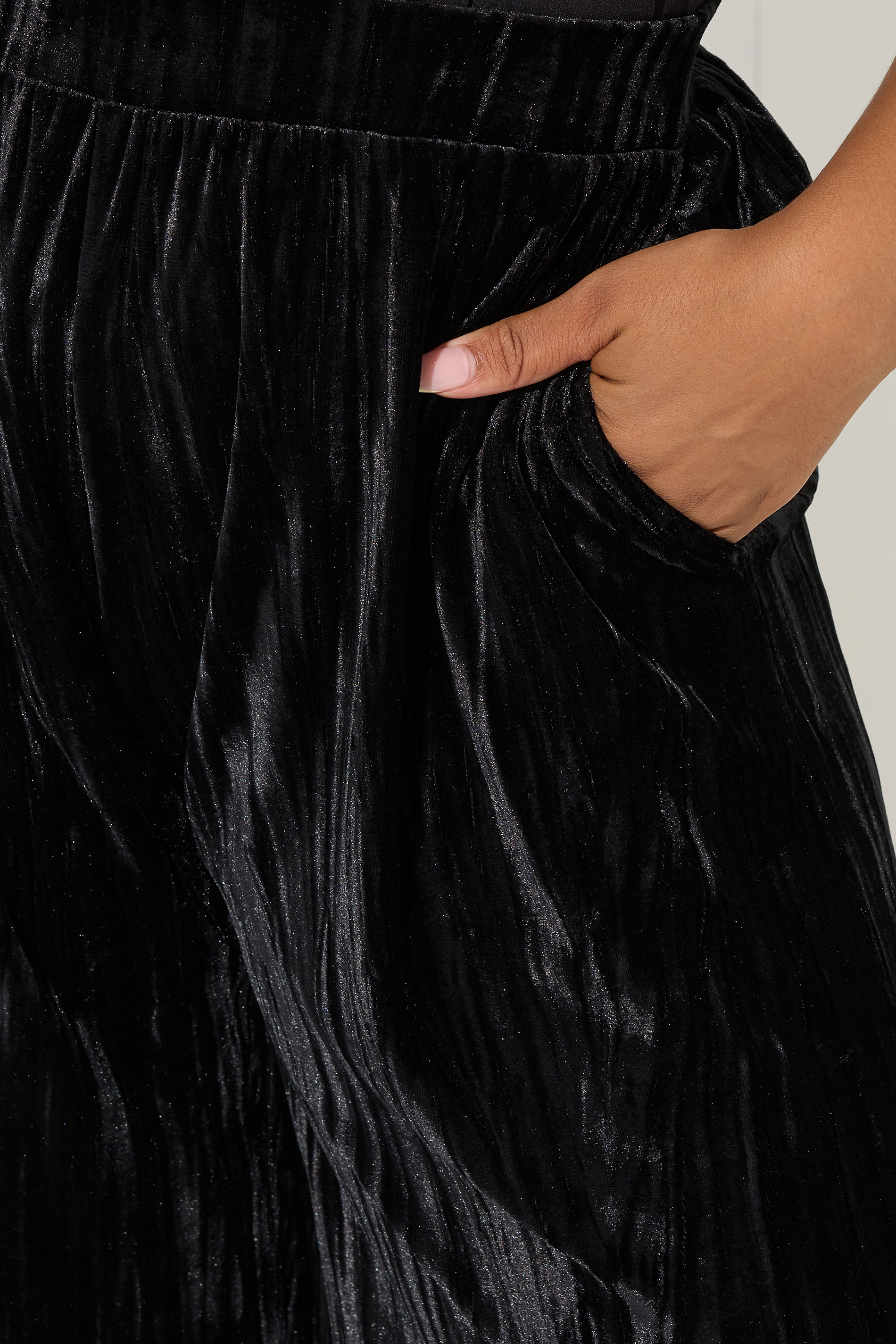 YOURS Plus Size Black Crushed Velour Wide Leg Trousers | Yours Clothing 5