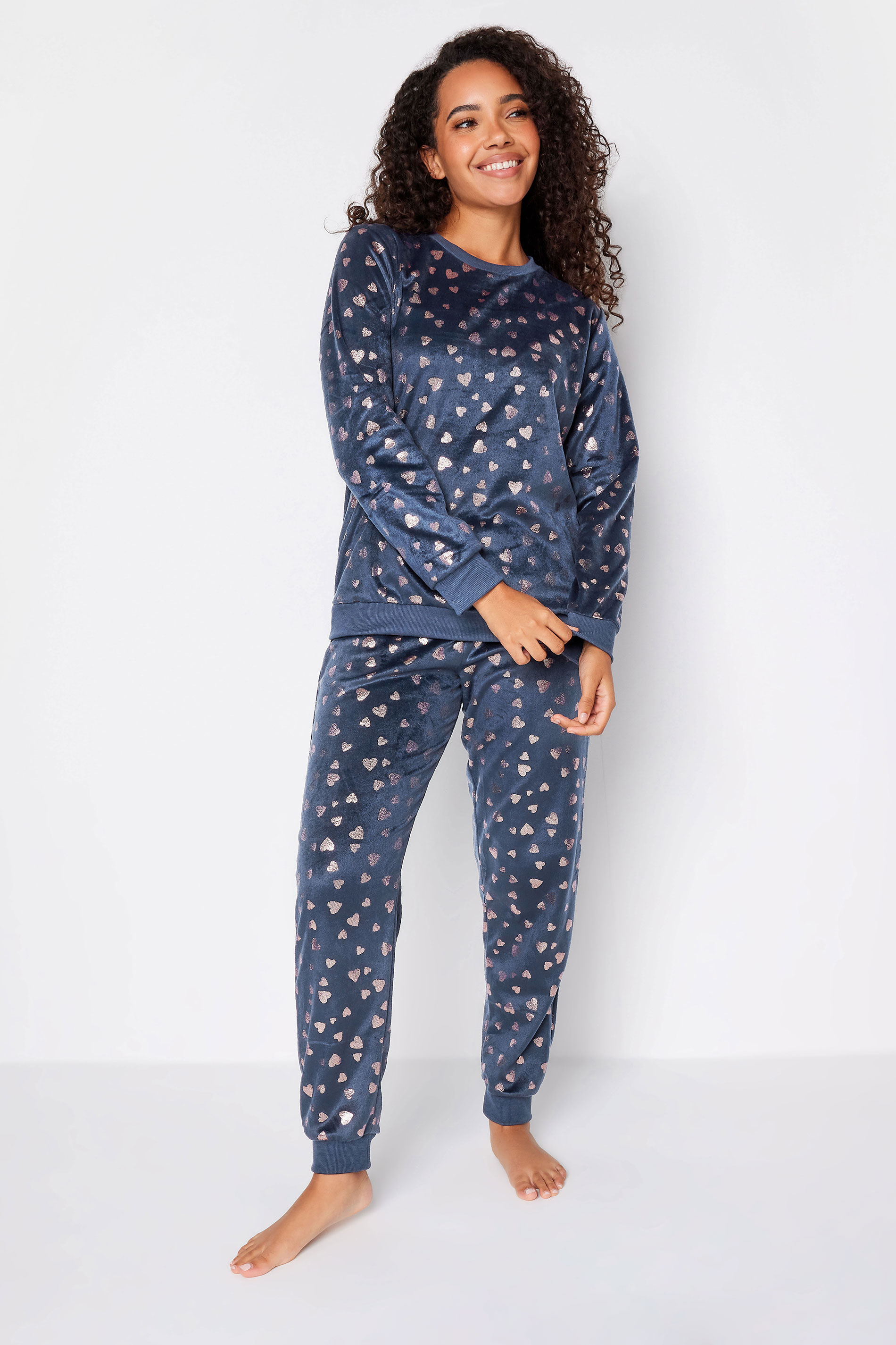 M&Co Blue Foil Heart Print Fleece Pyjama Lounge Set | M&Co 2