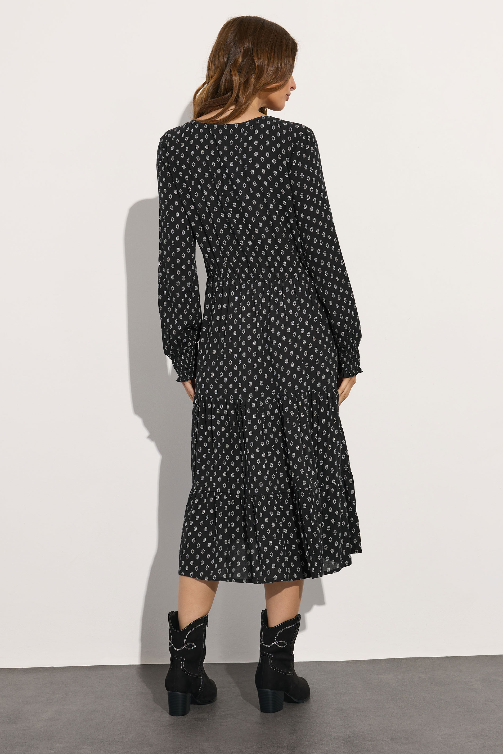 M&Co Black Dobby Long Sleeve Tiered Midi Dress | M&Co 4