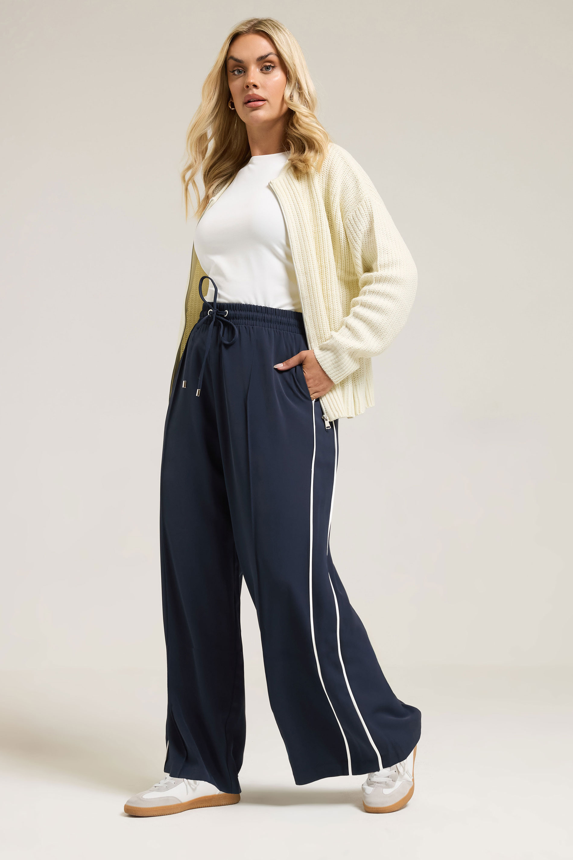YOURS Plus Size Navy Blue Side Stripe Wide Leg Trousers | Yours Clothing 3