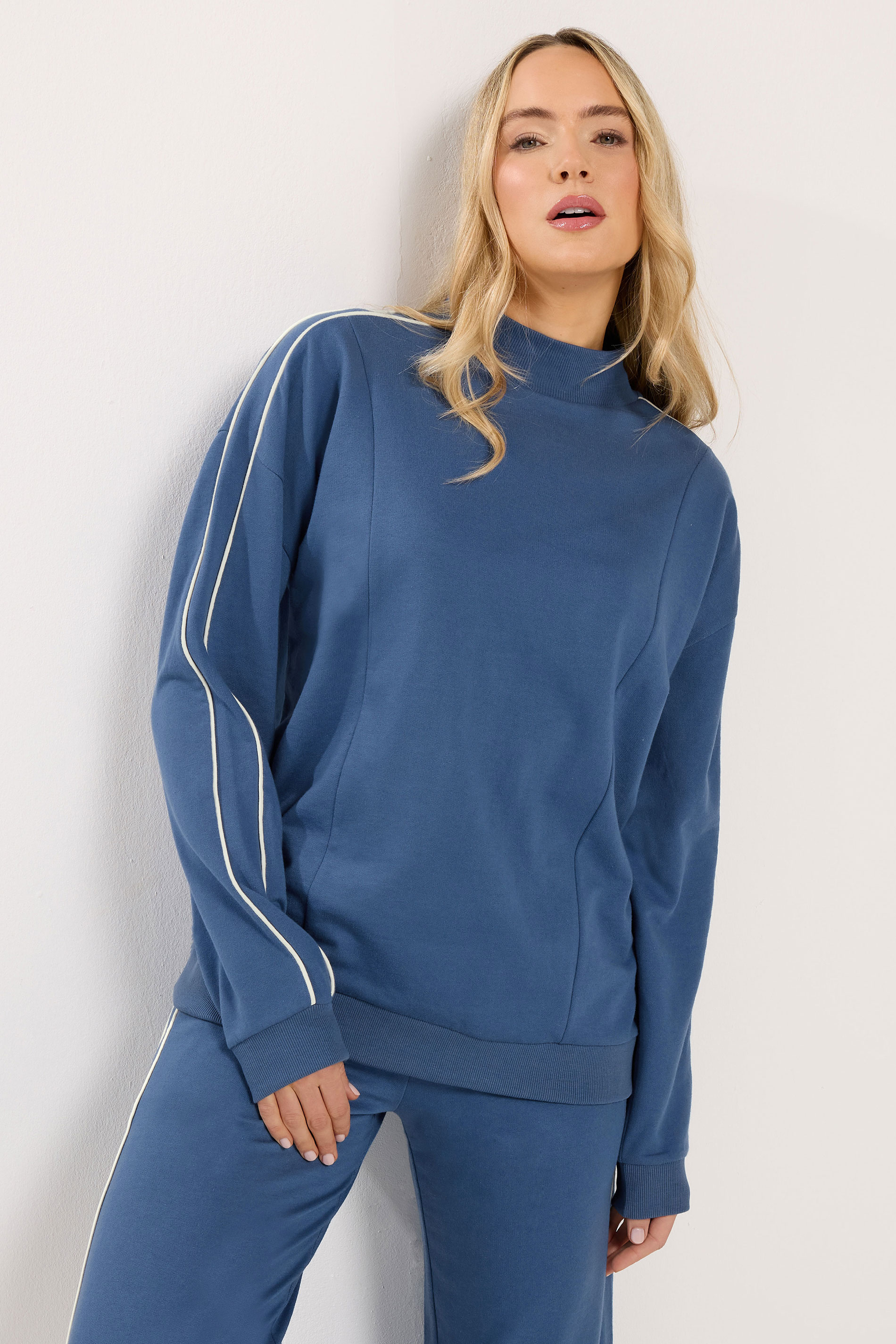 LTS Tall Women's Blue Piped High Neck Sweatshirt | Long Tall Sally 1