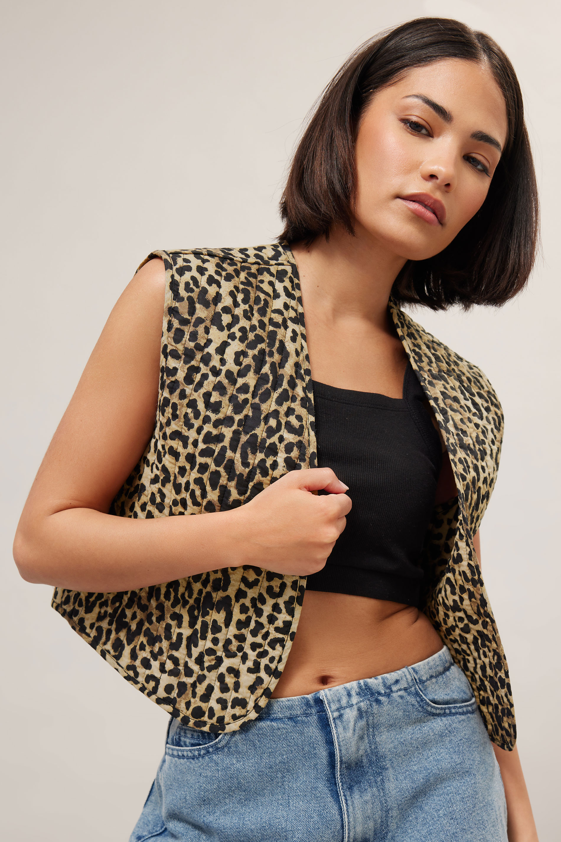 PixieGirl Petite Women's Beige Brown Leopard Print Cotton Quilted Waistcoat | PixieGirl 3
