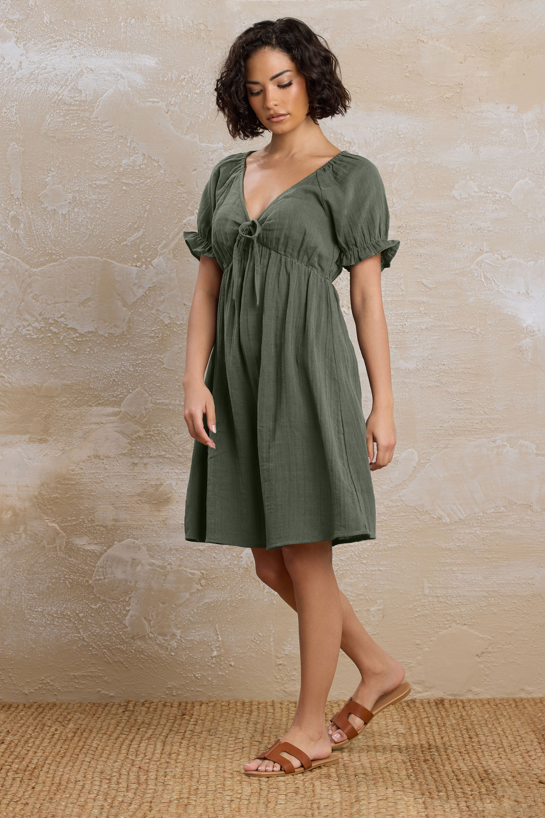 PixieGirl Petite Women's Khaki Green Tie Front Cotton Mini Dress | PixieGirl 3