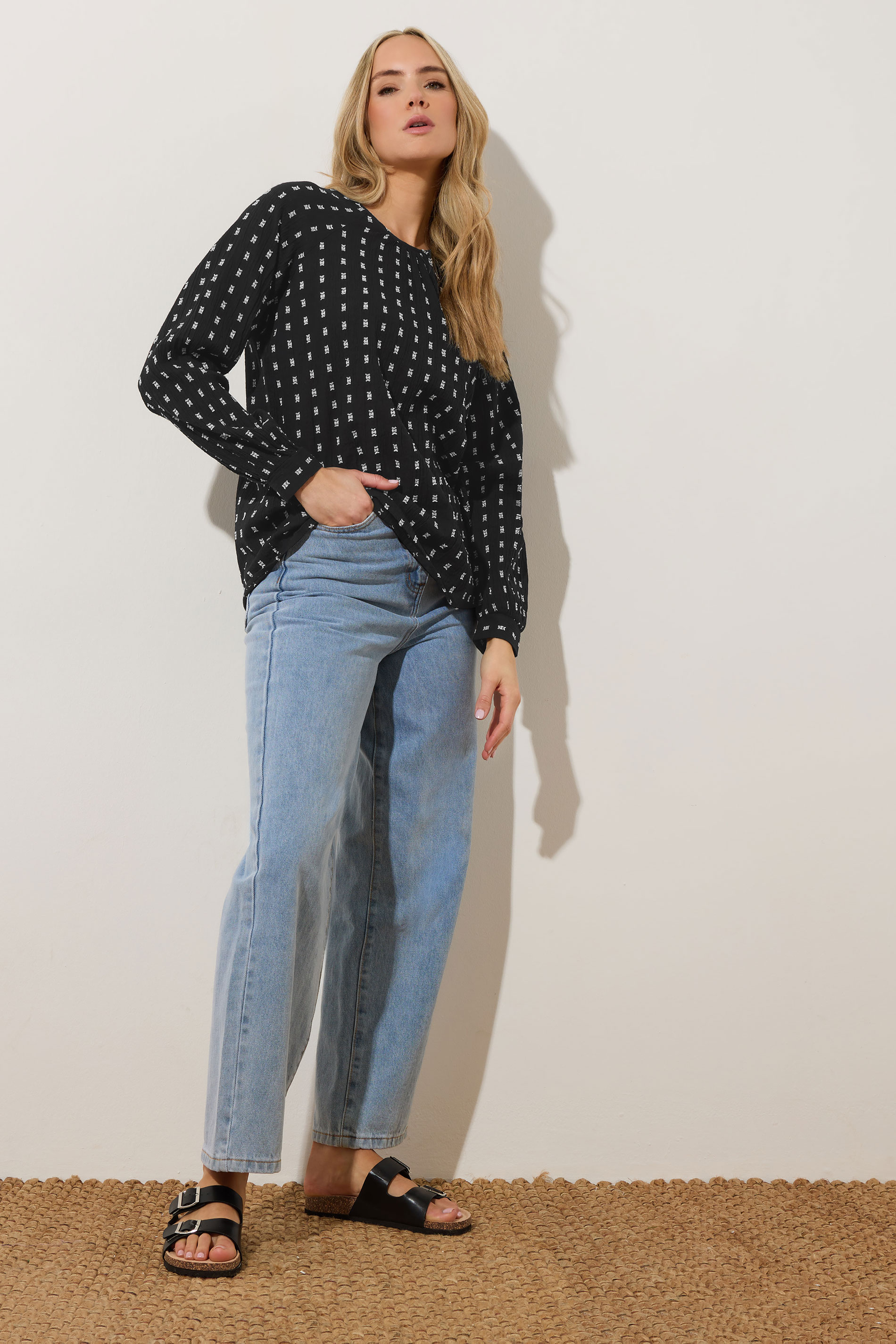 LTS Tall Black Woven Spot Raglan Blouse | Long Tall Sally 1