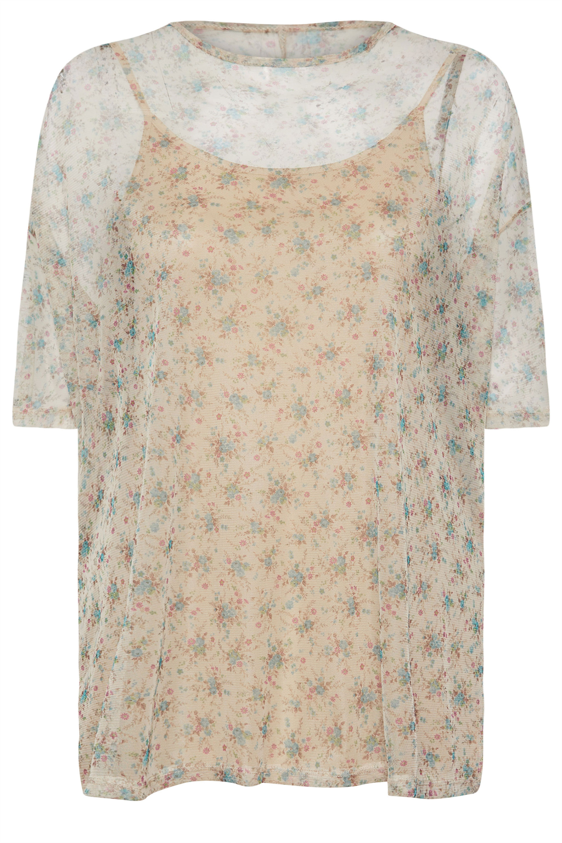 YOURS Plus Size Natural Brown & Blue Floral Oversized Mesh Top | Yours Clothing 5