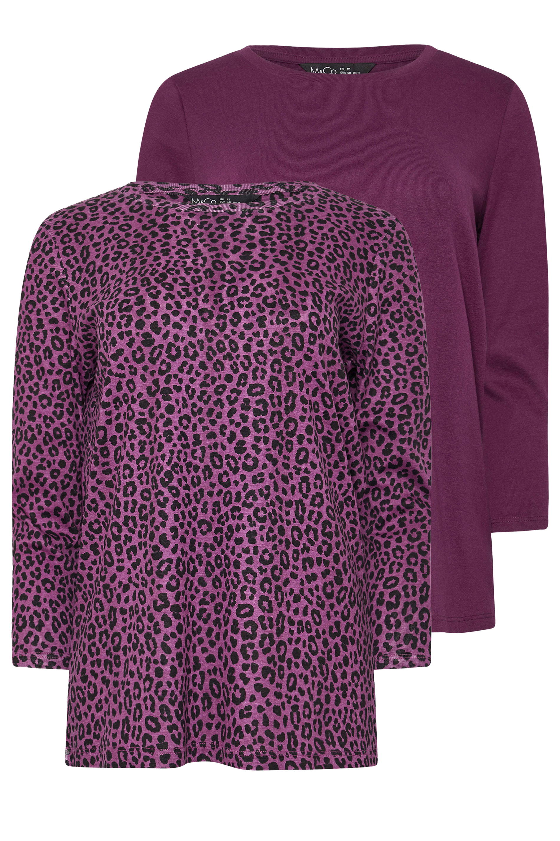 M&Co 2 PACK Berry Purple Leopard Print & Plain Cotton T-Shirts | M&Co 7