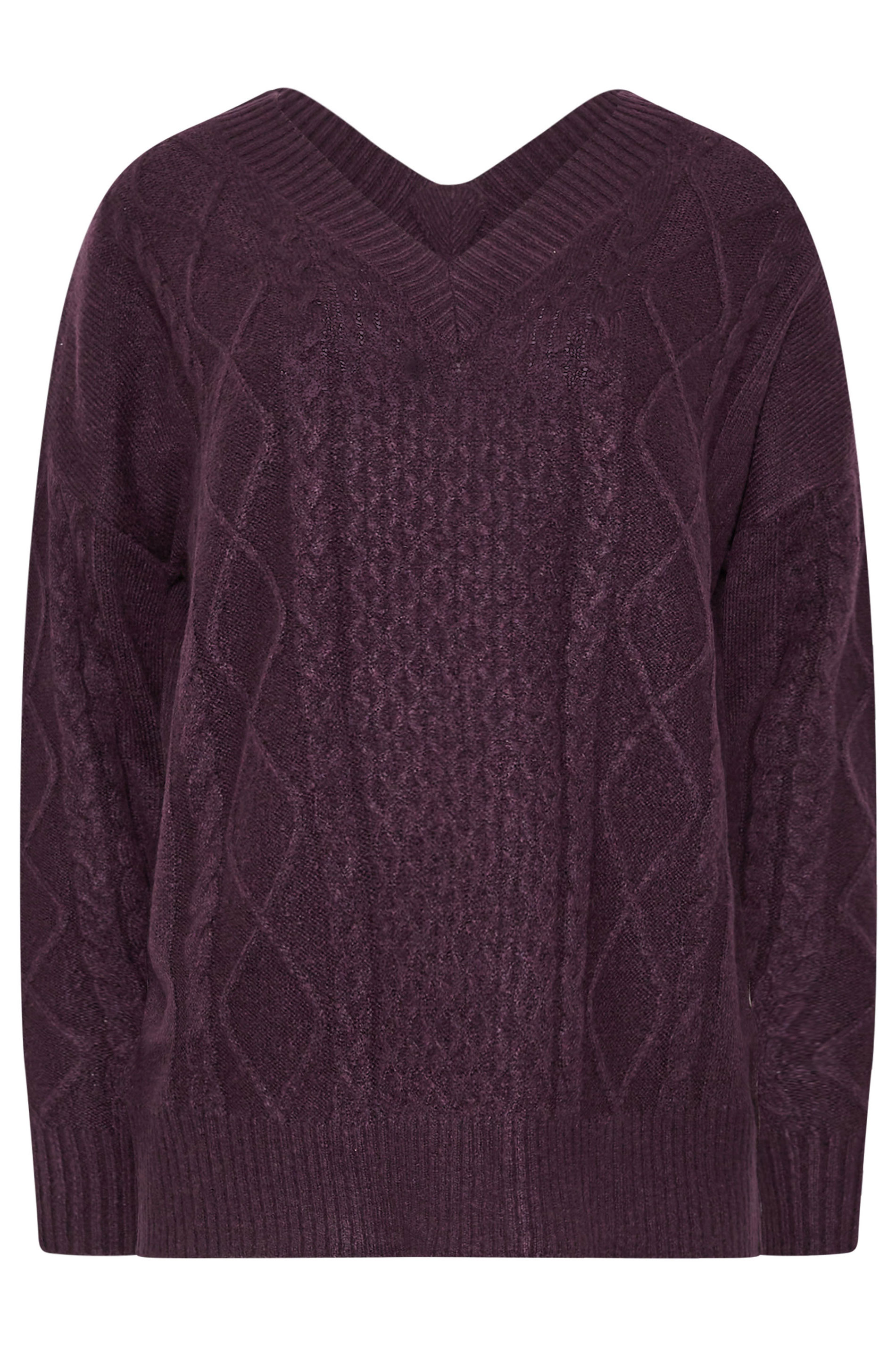 LTS Tall Dark Purple Cable Knit V-Neck Jumper | Long Tall Sally 5