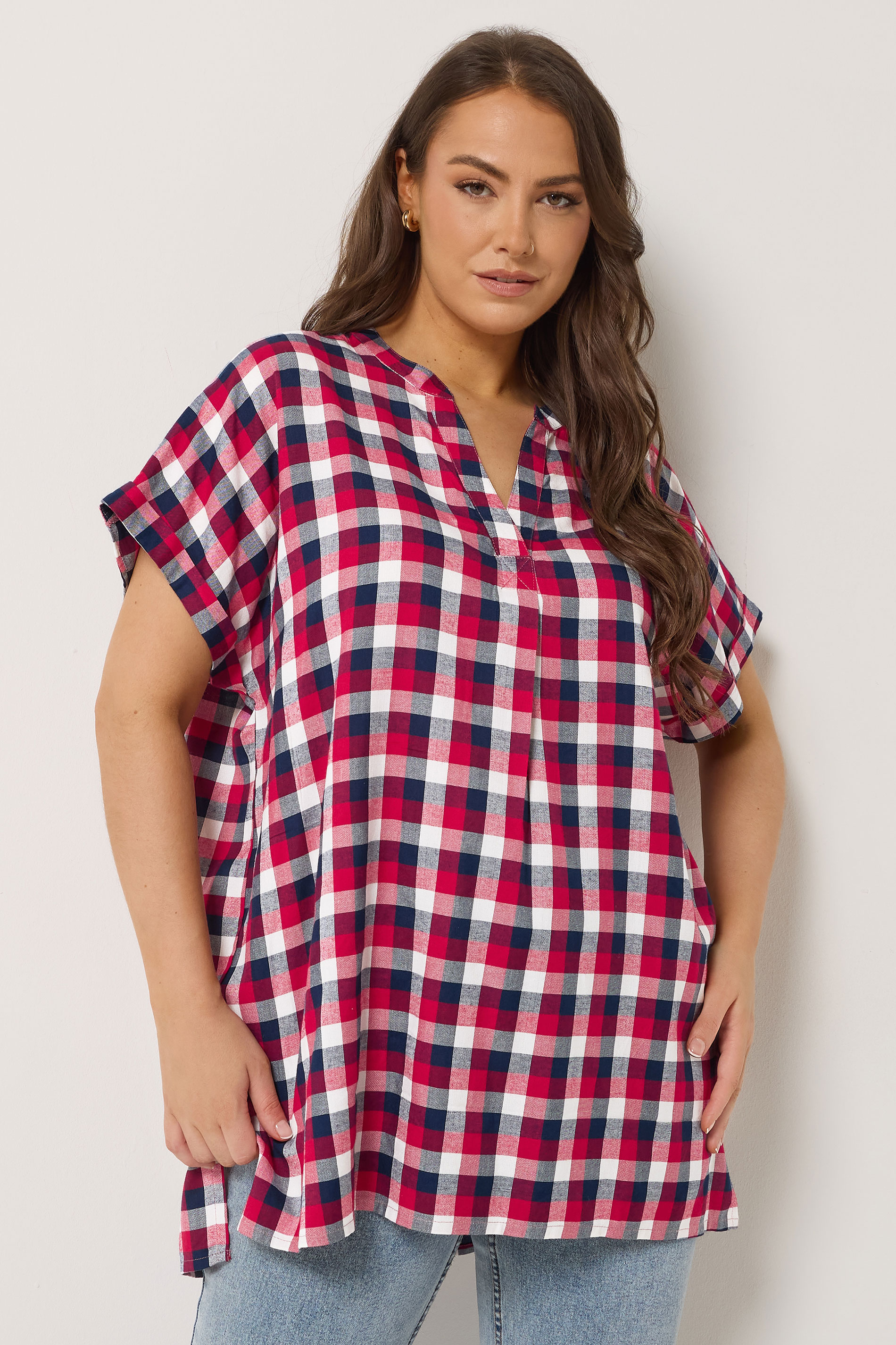 YOURS Plus Size Red Check Overhead Half Placket Shirt | Yours Clothing 3