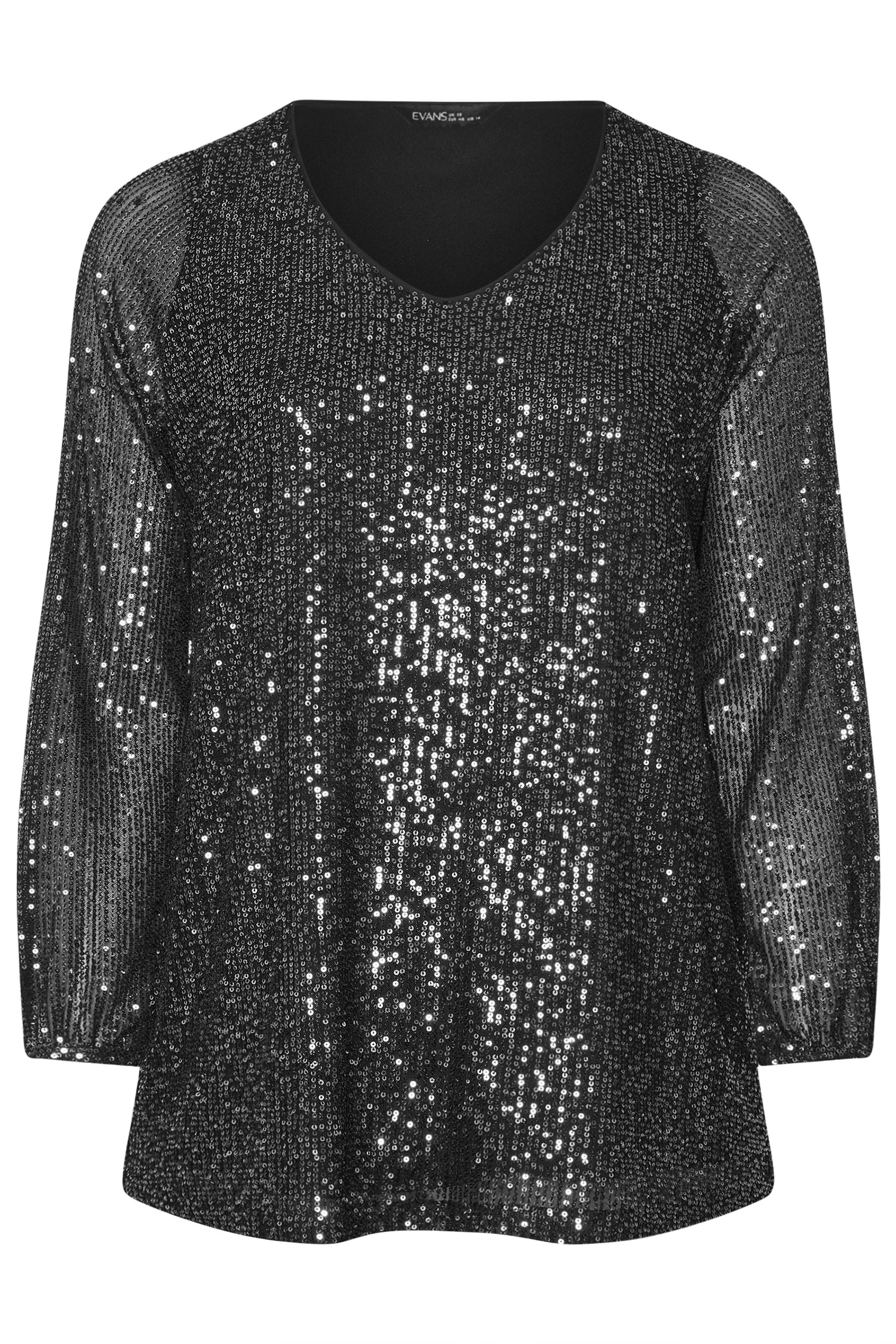 EVANS Plus Size Black Sequin Embellished Balloon Sleeve Top | Evans 5